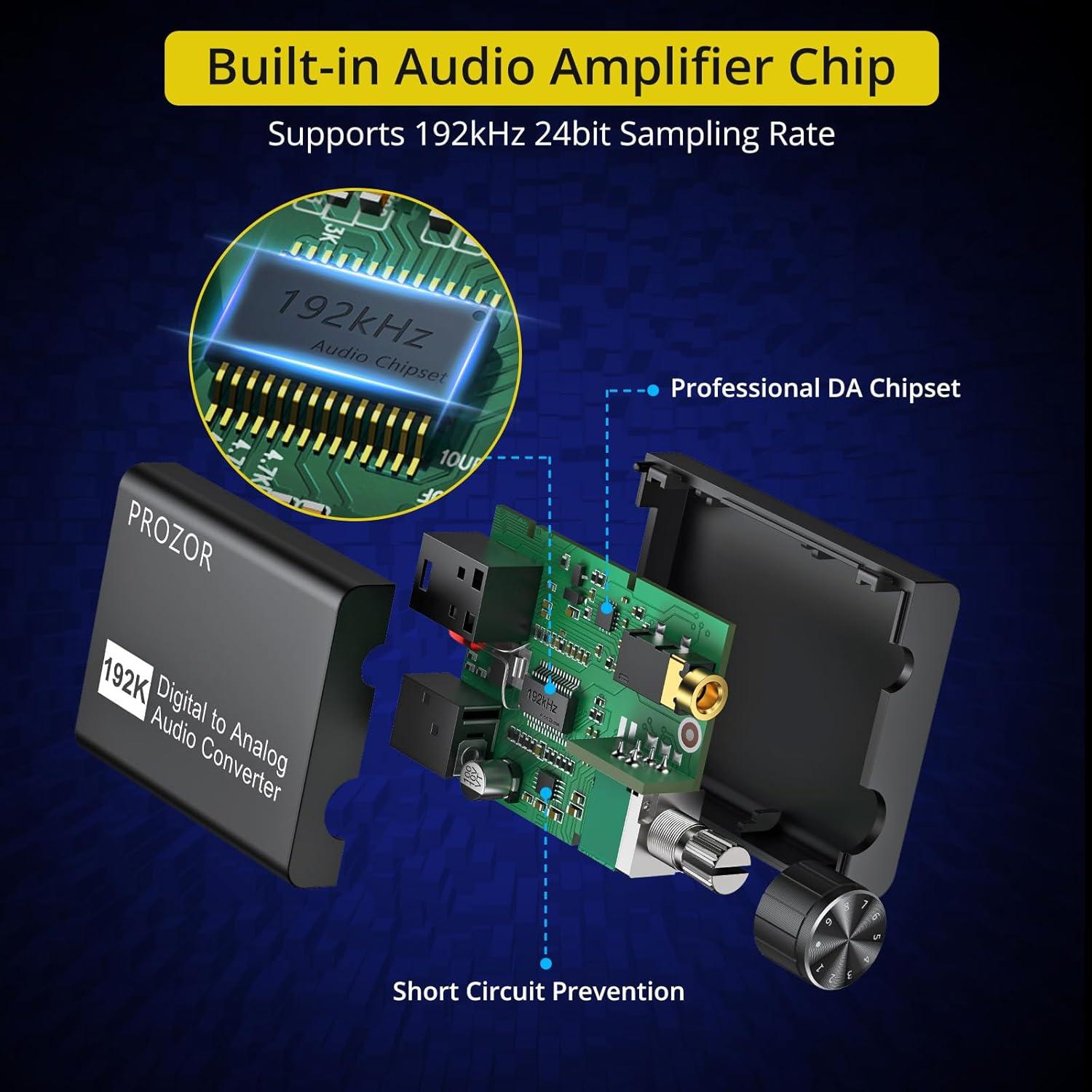 Convertidor de Audio Digital a Analógico PROZOR DAC 192kHz RCA 3.5mm