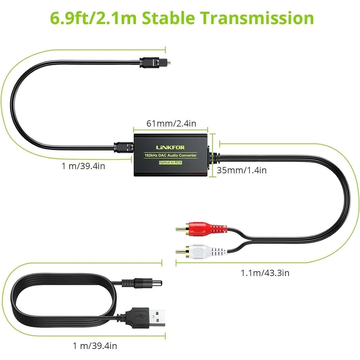 Convertidor DAC LiNKFOR 192kHz Óptico a RCA L/R 1.1m