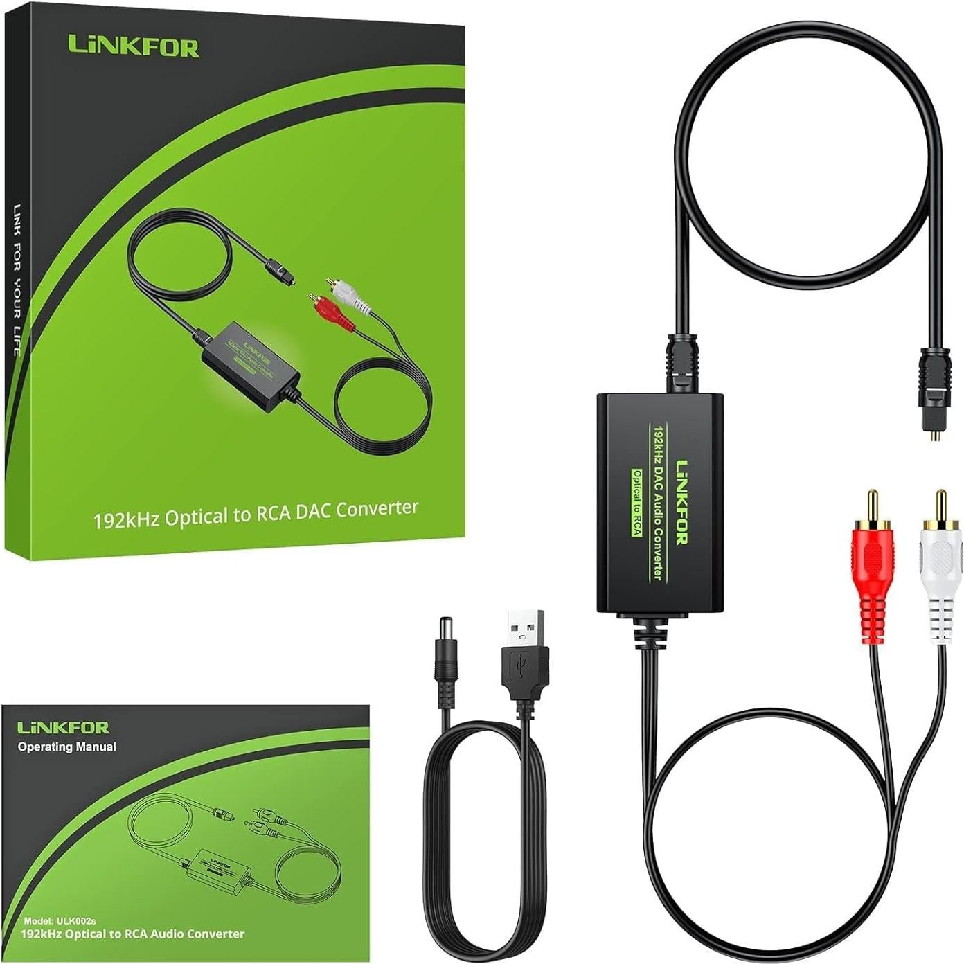 Convertidor DAC LiNKFOR 192kHz Óptico a RCA L/R 1.1m