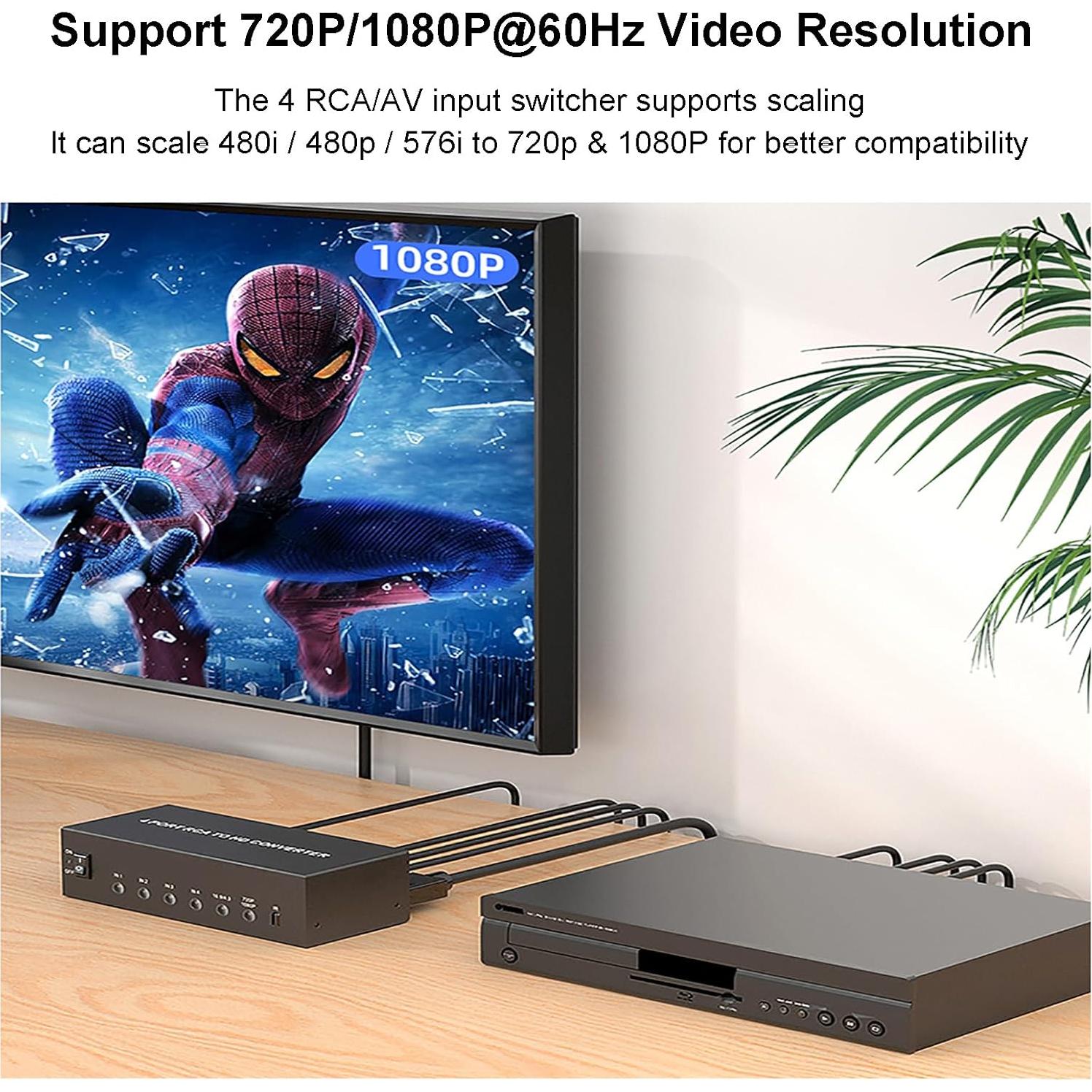 Convertidor AV a HDMI 4 Puertos LUKFOCAB 1080P con Control Remoto