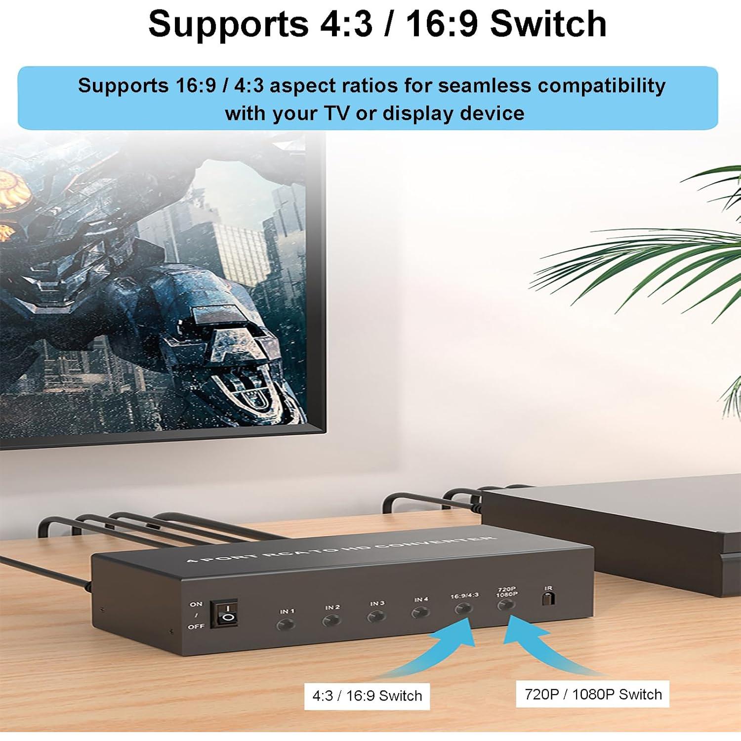 Convertidor AV a HDMI 4 Puertos LUKFOCAB 1080P con Control Remoto