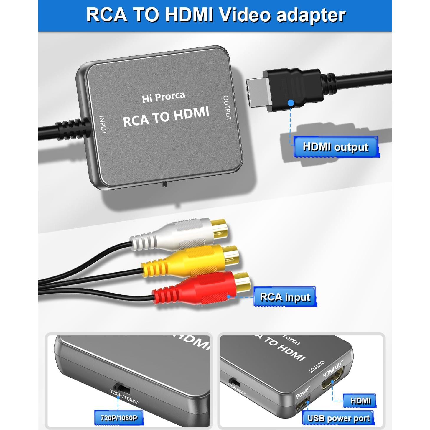 Convertidor RCA a HDMI Hiprorca con Cable HDMI 1080P
