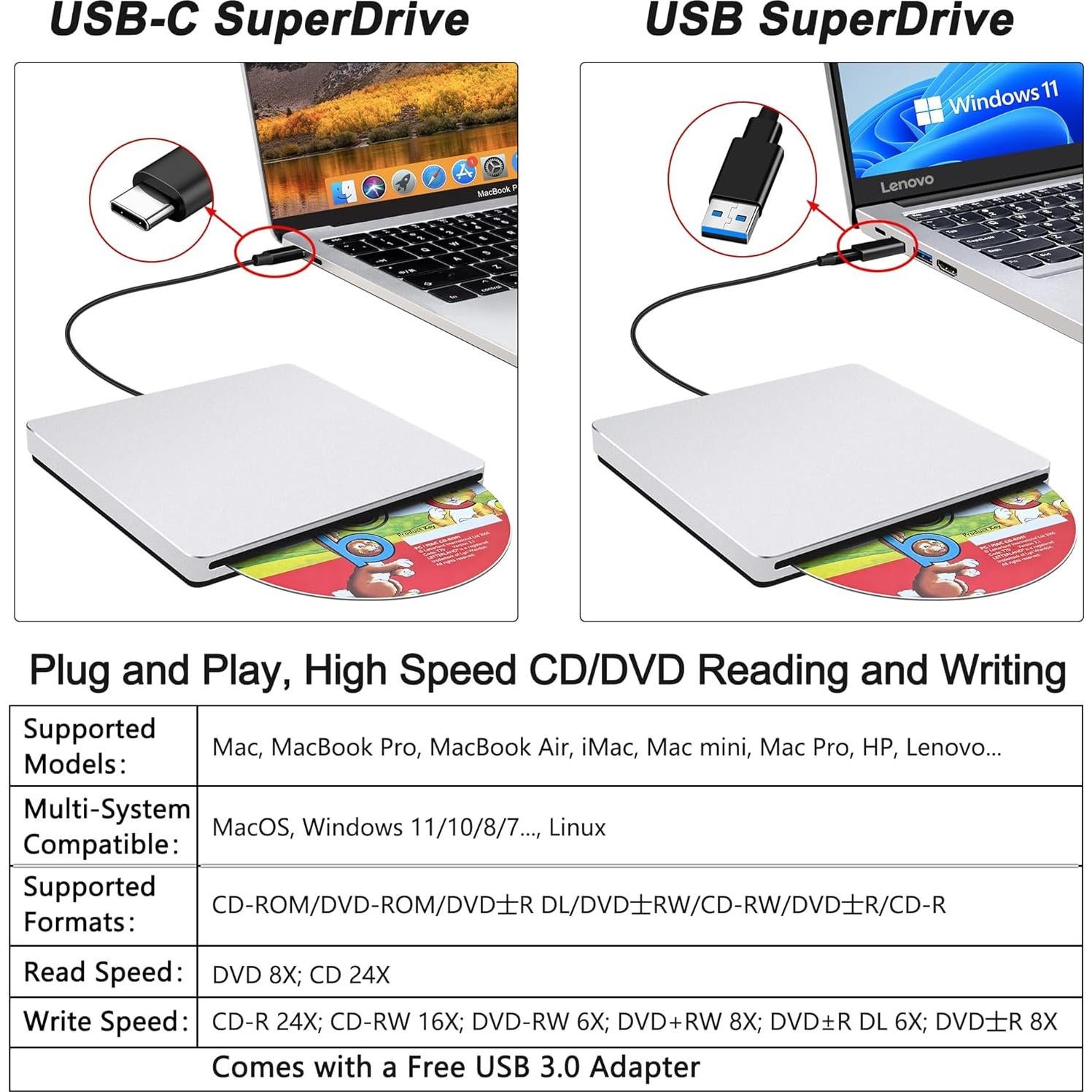 Unidad Externa de CD/DVD NOLYTH USB-C Plata 396g