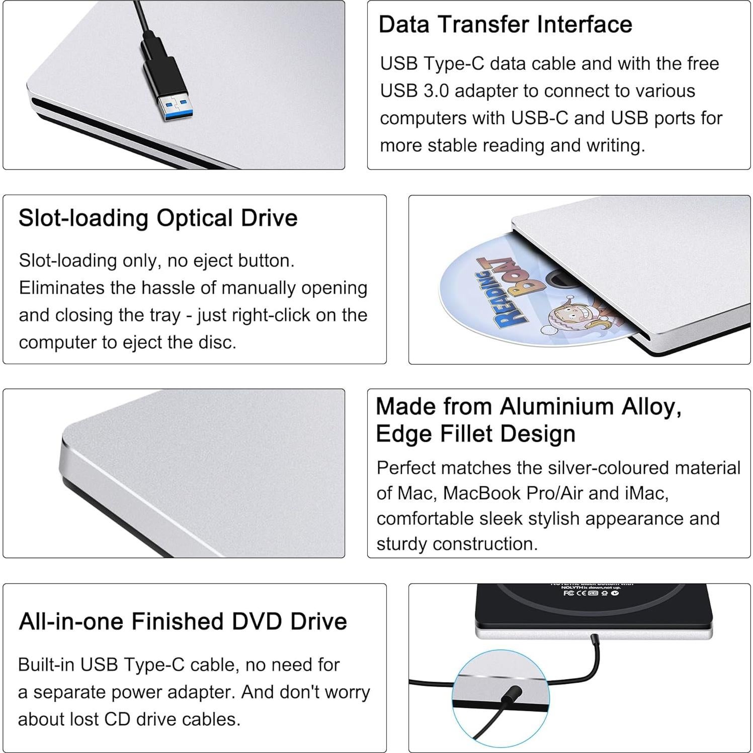 Unidad Externa de CD/DVD NOLYTH USB-C Plata 396g