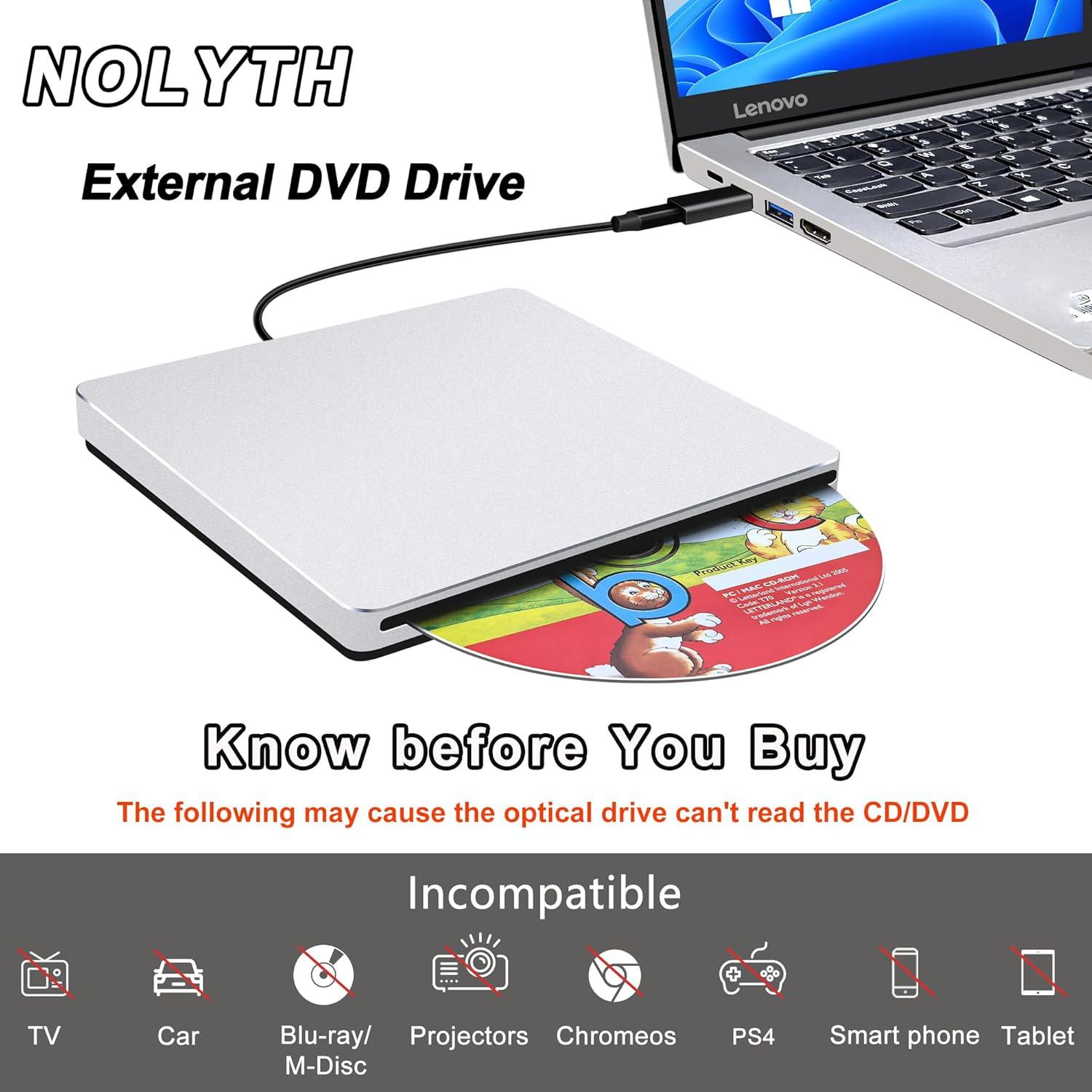 Unidad Externa de CD/DVD NOLYTH USB-C Plata 396g