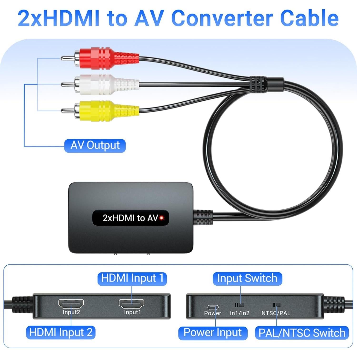Convertidor HDMI a RCA Doble Puerto Rui Na, 1080p, Incluye Cables