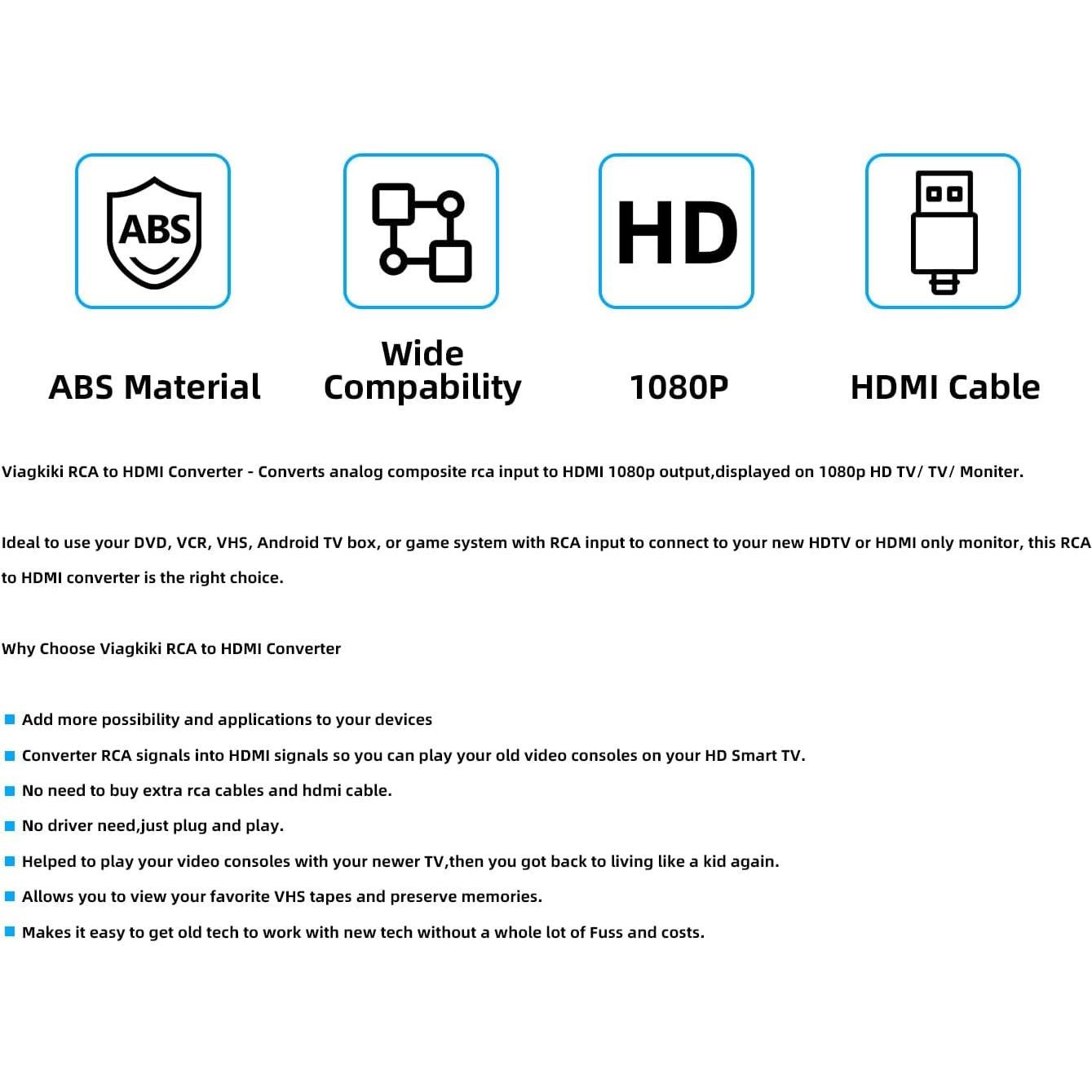 Convertidor RCA a HDMI Kirzi AV a HDMI 720P 1080P