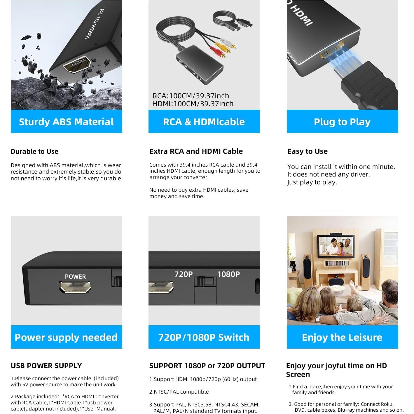 Convertidor RCA a HDMI Kirzi AV a HDMI 720P 1080P