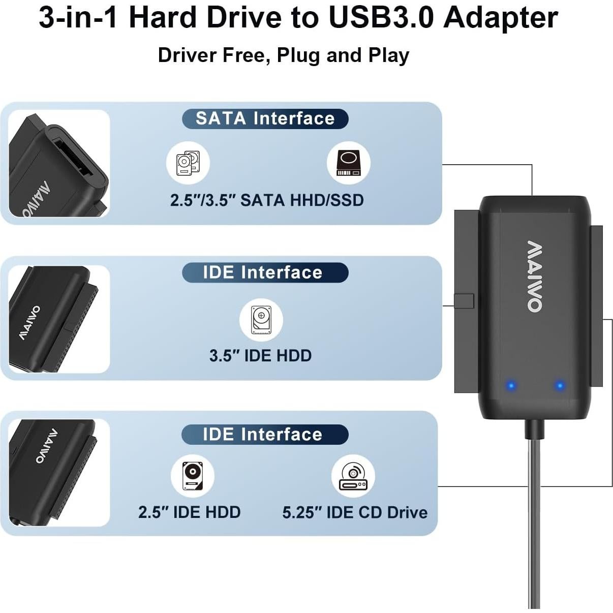 Adaptador SATA IDE a USB 3.0 MAIWO K131U3IS 12V 2A