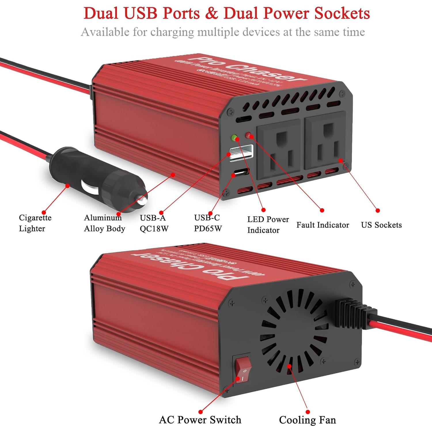 Inversor de Potencia Pro Chaser 400W DC a AC 110V USB-C 65W