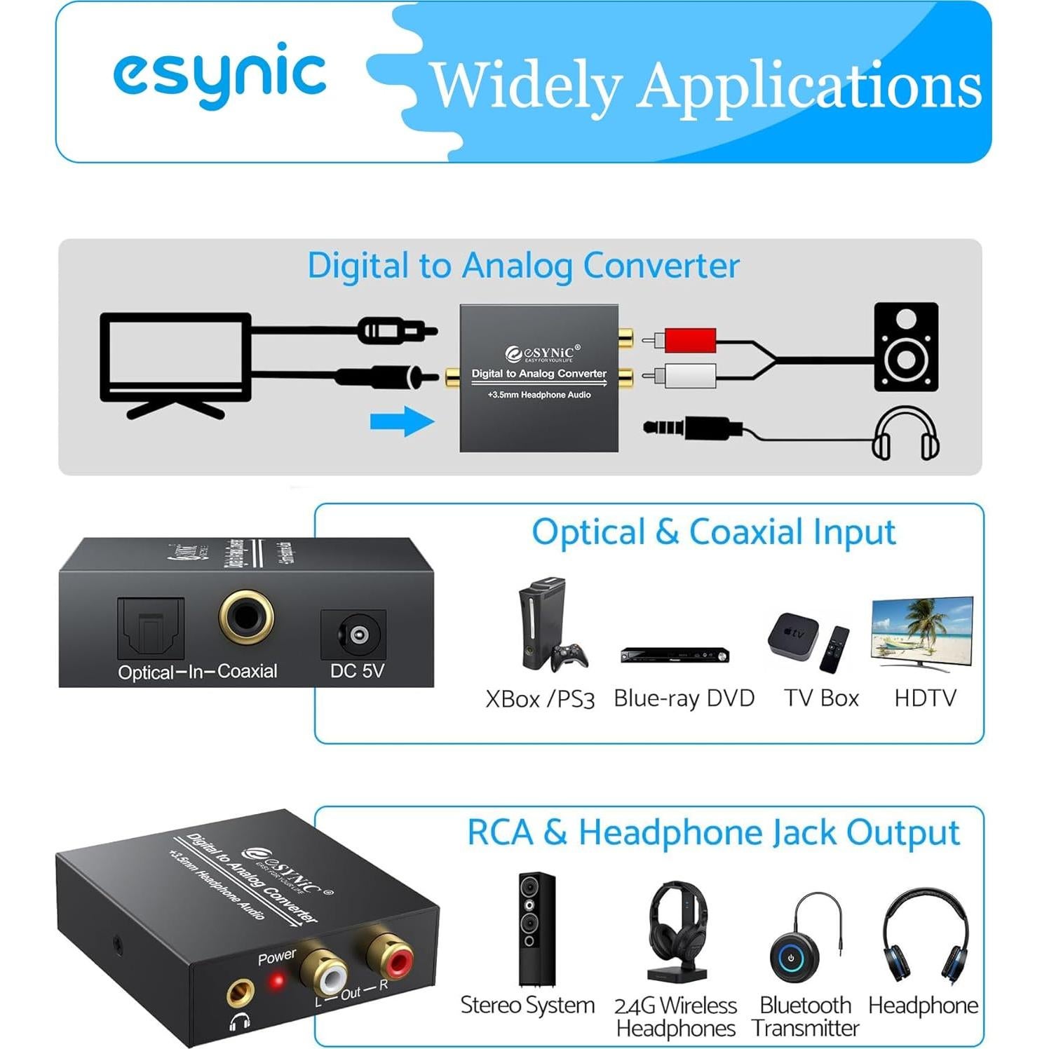Convertidor de Audio Digital a Analógico eSynic 192KHz RCA y 3.5mm