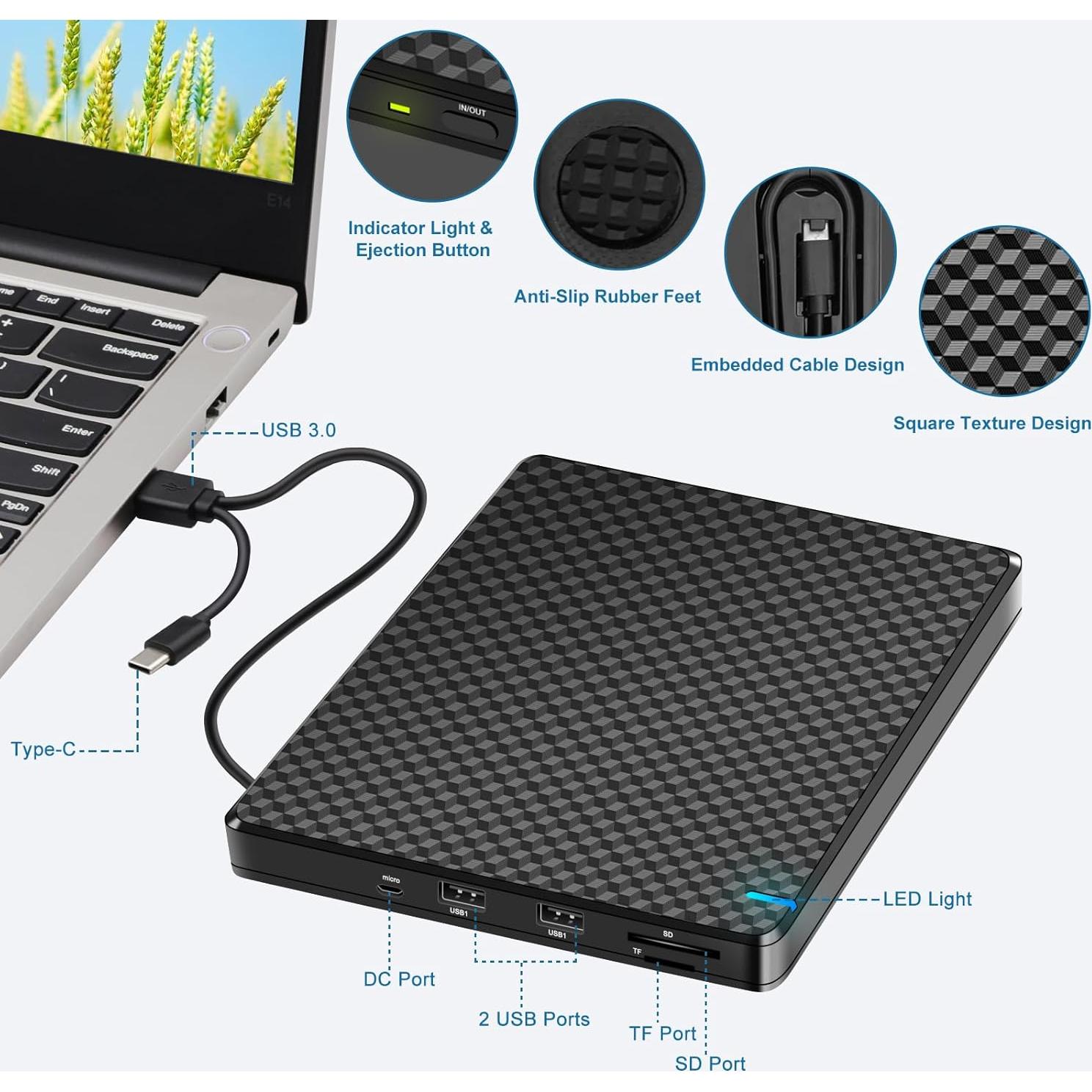 Unidad Externa de CD/DVD Guamar USB 3.0 Tipo C 5 en 1