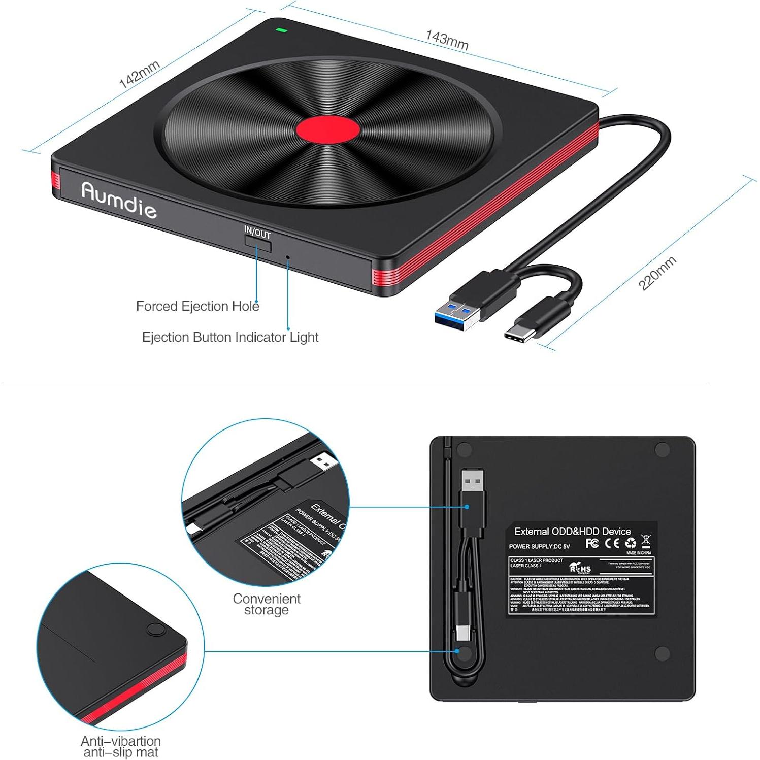Unidad Externa de CD/DVD Aumdie BT681 USB 3.0 Negro-Rojo