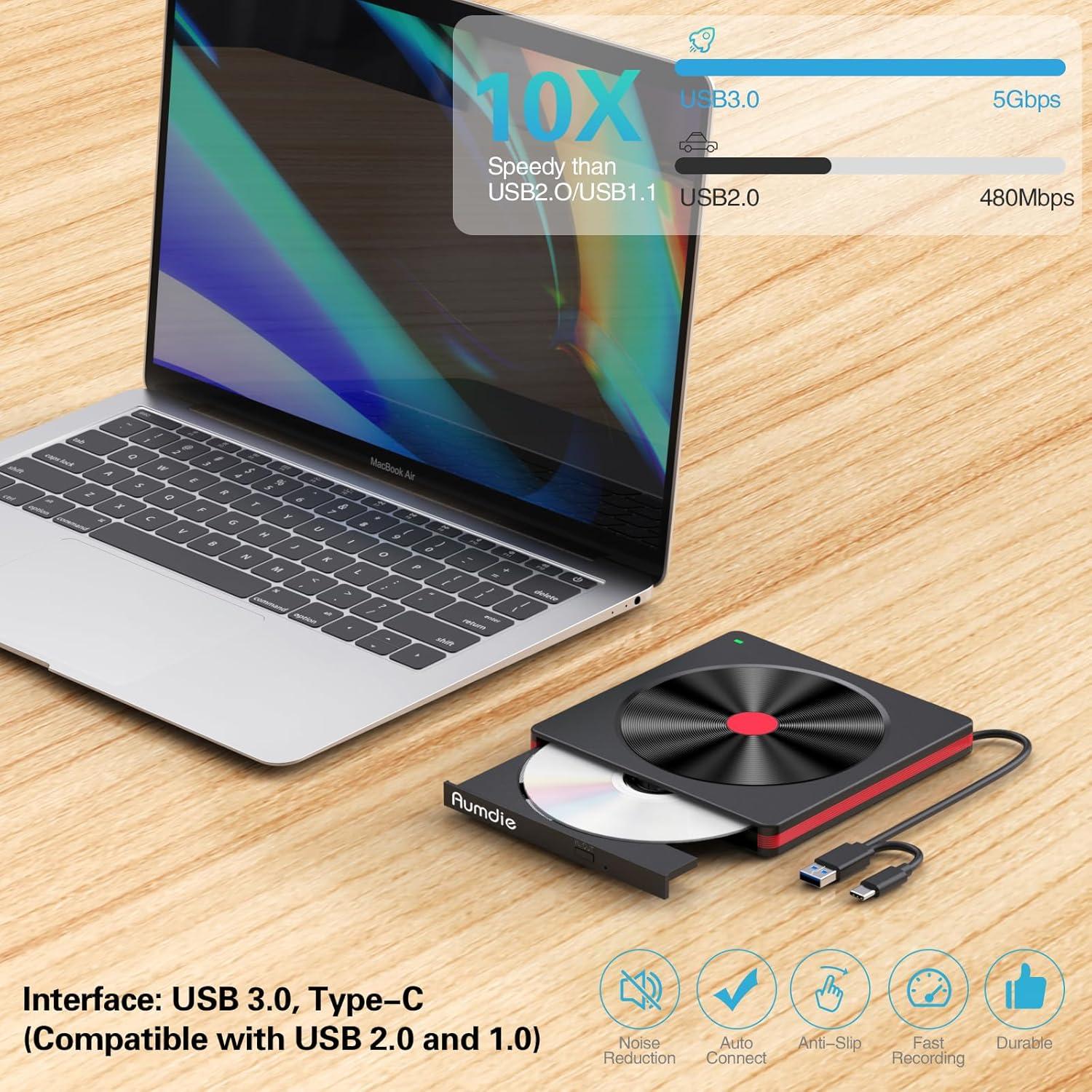 Unidad Externa de CD/DVD Aumdie BT681 USB 3.0 Negro-Rojo