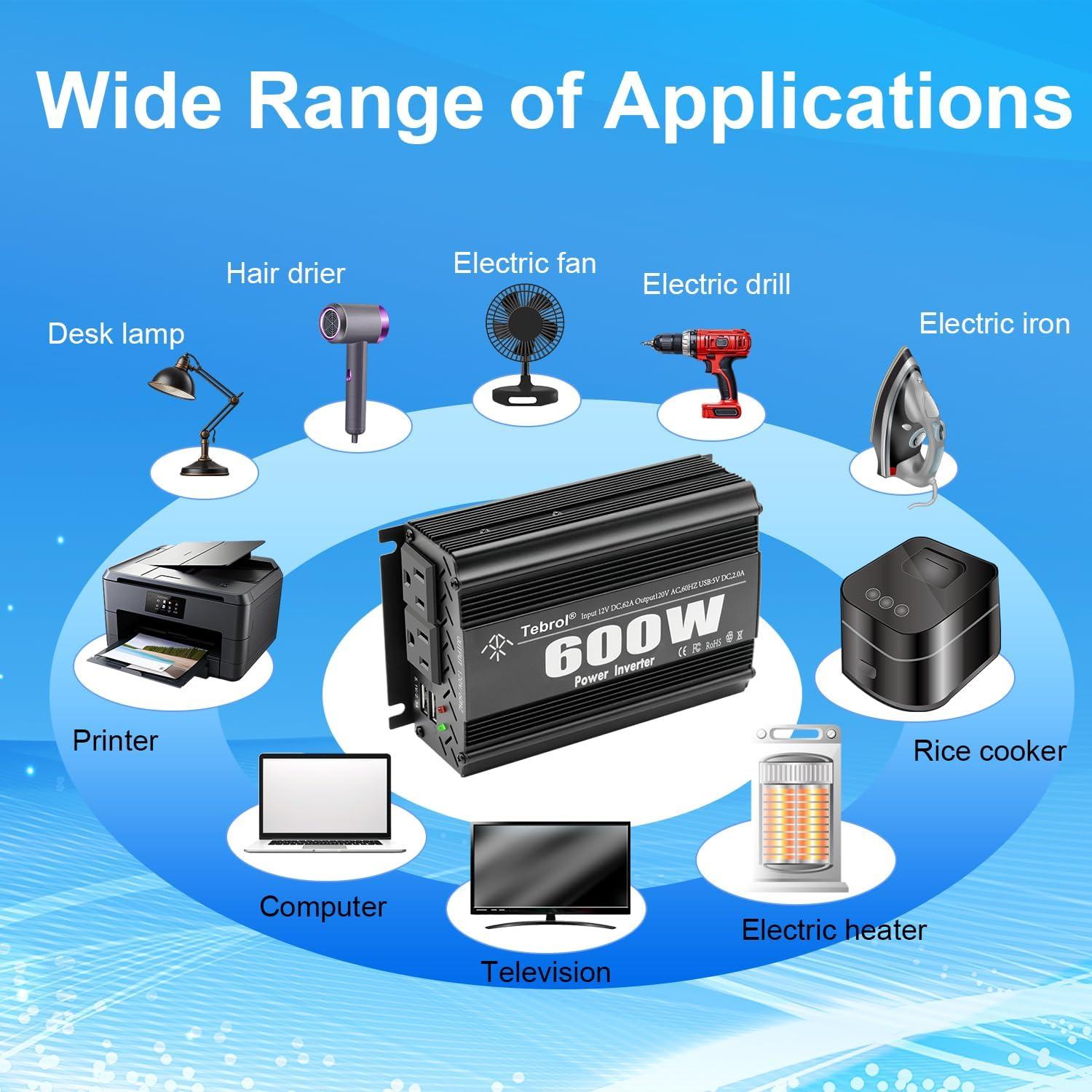 Inversor de Potencia 600W TVNIKD DC 12V a AC 110V con 2 USB