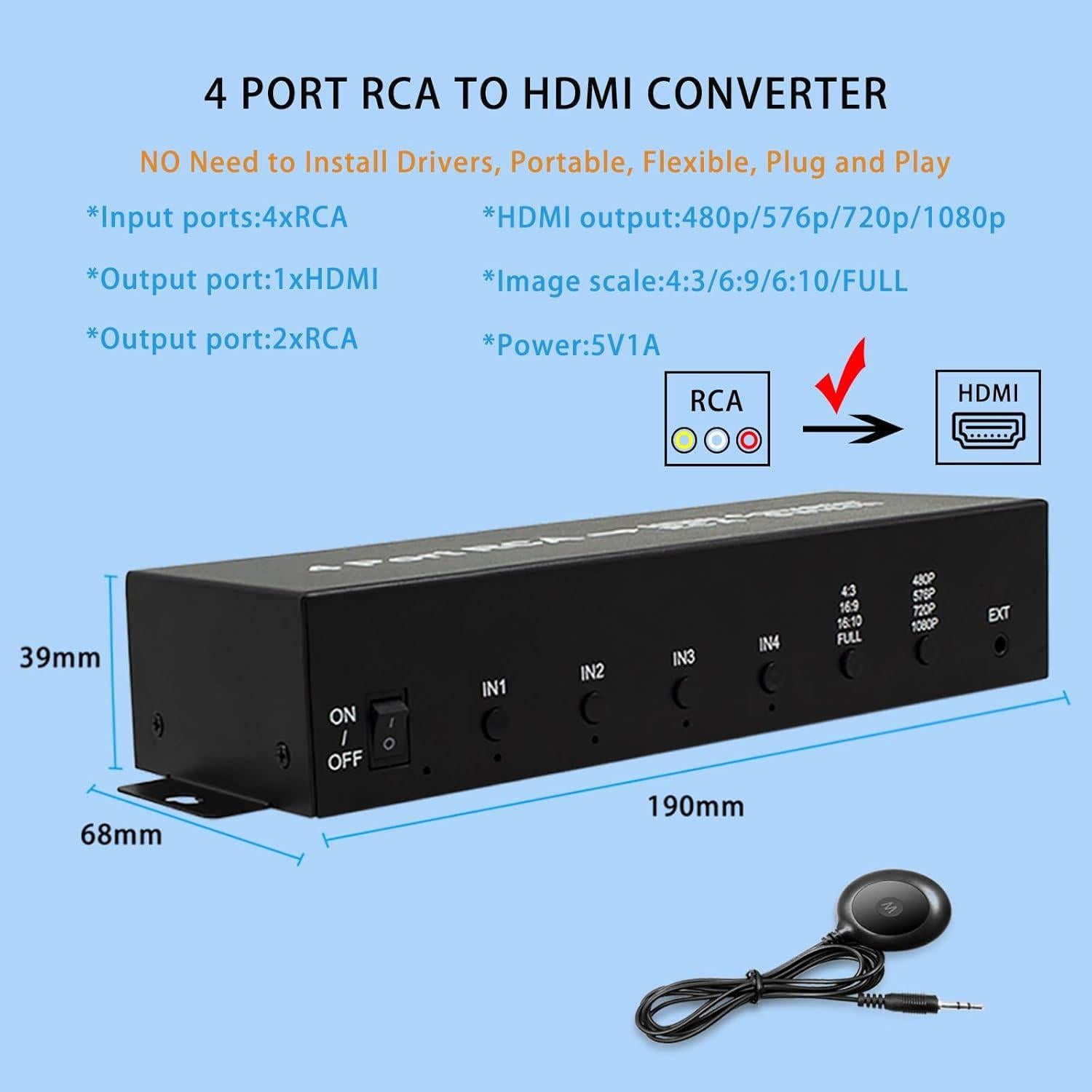 Convertidor 4 Puertos AV a HDMI HDSUNWSTD 1080P con Control