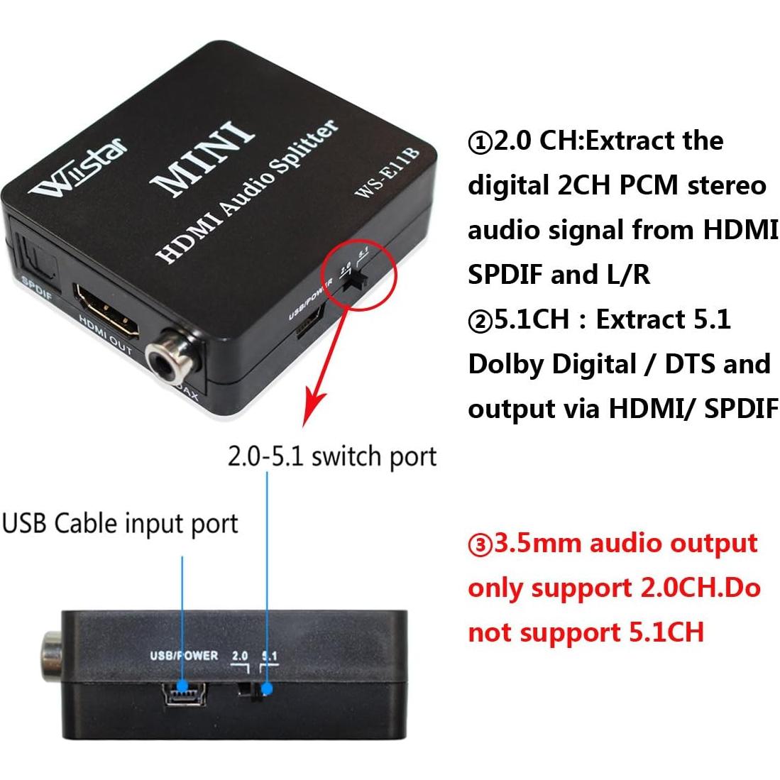Extractor de Audio HDMI Wiistar 1080P con Salida SPDIF y 3.5mm