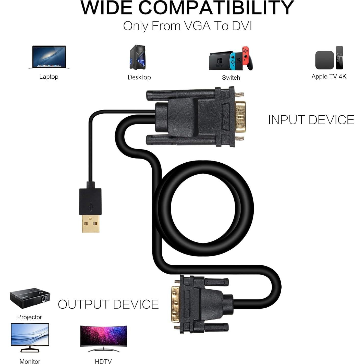 Cable VGA a DVI Masculino VCOM 1.83m con USB Alimentación
