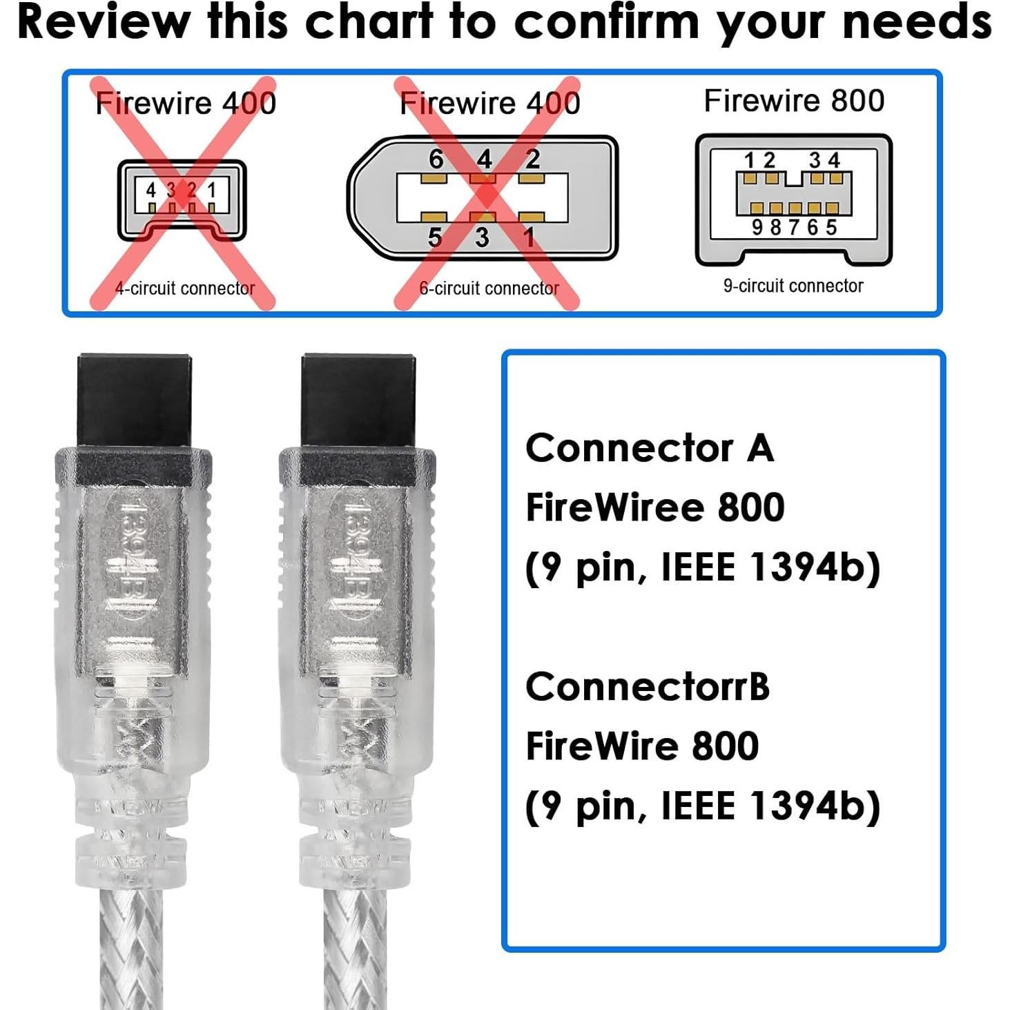 Cable FireWire 800 1.83m WTYIXS 9Pin a 9Pin para PC y Videocámara