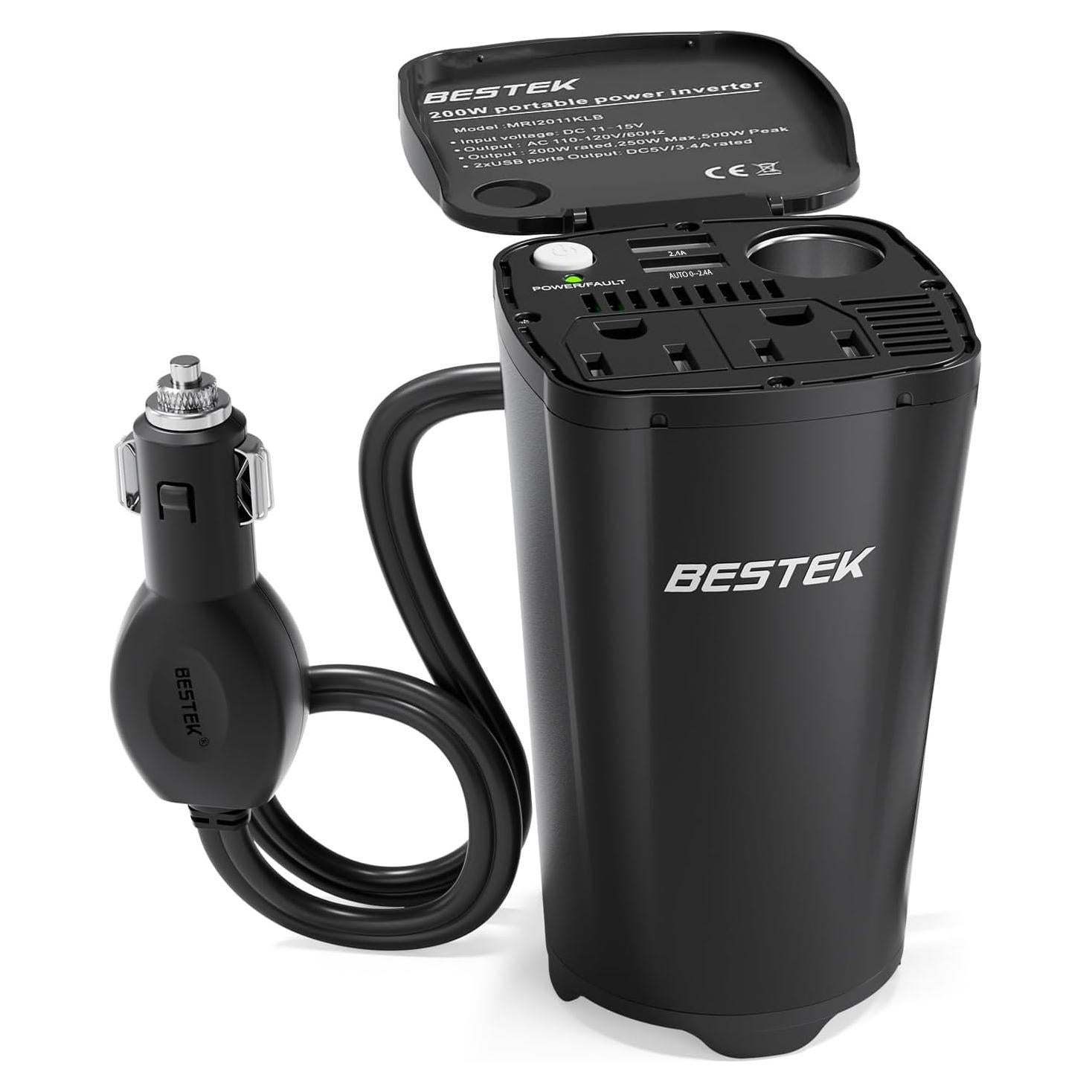 Inversor de Potencia de Coche BESTEK 200W con 2 Salidas CA y USB