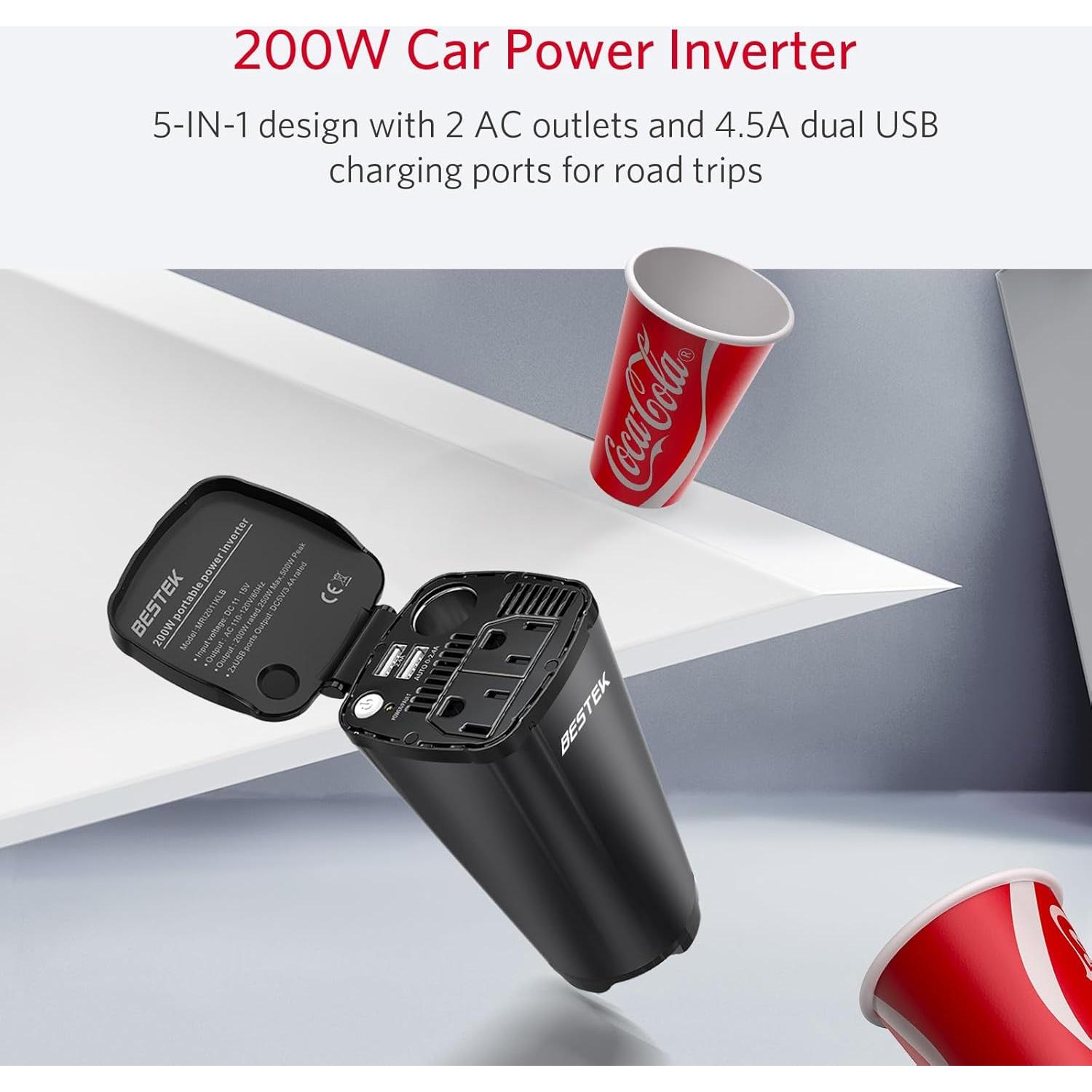 Inversor de Potencia de Coche BESTEK 200W con 2 Salidas CA y USB