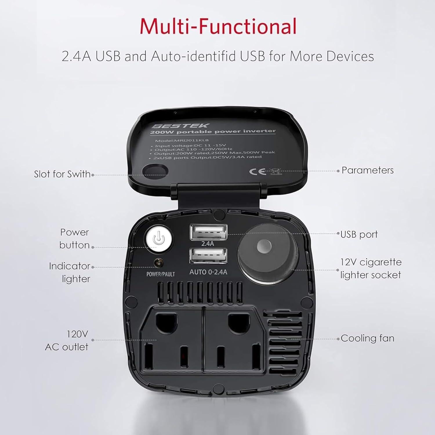 Inversor de Potencia de Coche BESTEK 200W con 2 Salidas CA y USB