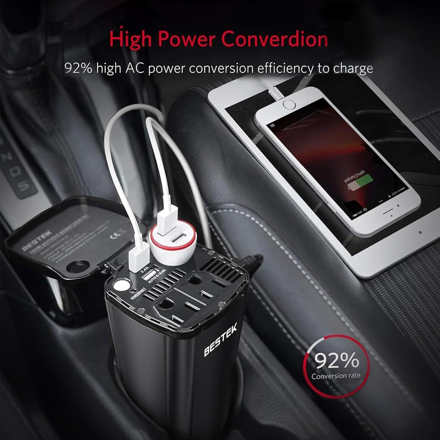 Inversor de Potencia de Coche BESTEK 200W con 2 Salidas CA y USB