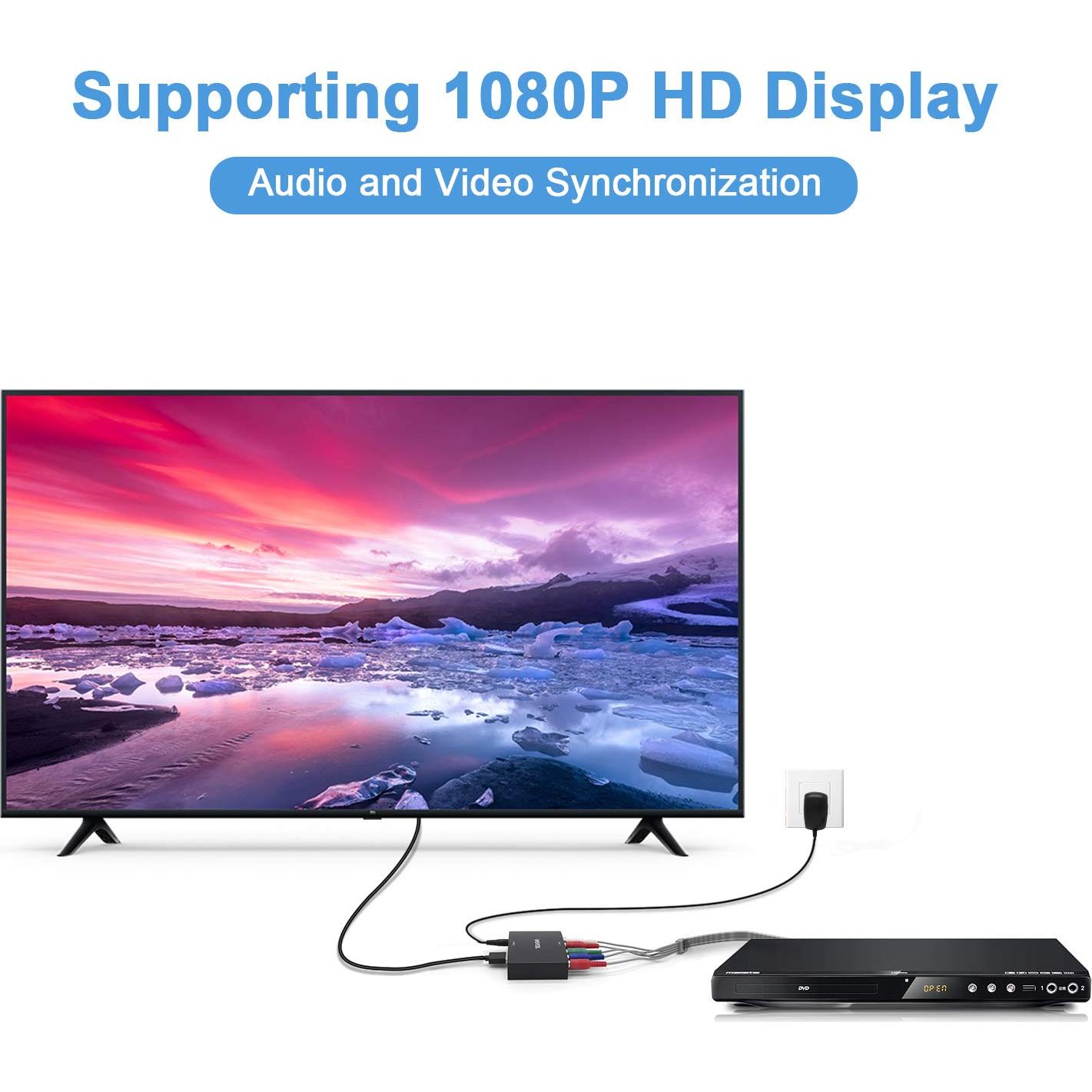 Component to HDMI Converter with 1.2 Meter HD Cable, 1080P 5RCA YPbPr to HDMI Converter