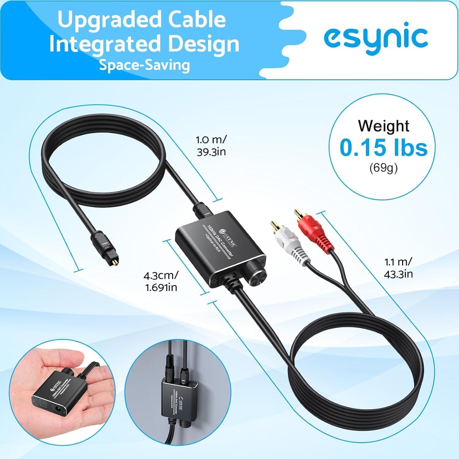 Adaptador Óptico a RCA eSynic 192kHz DAC 2.13m Portátil