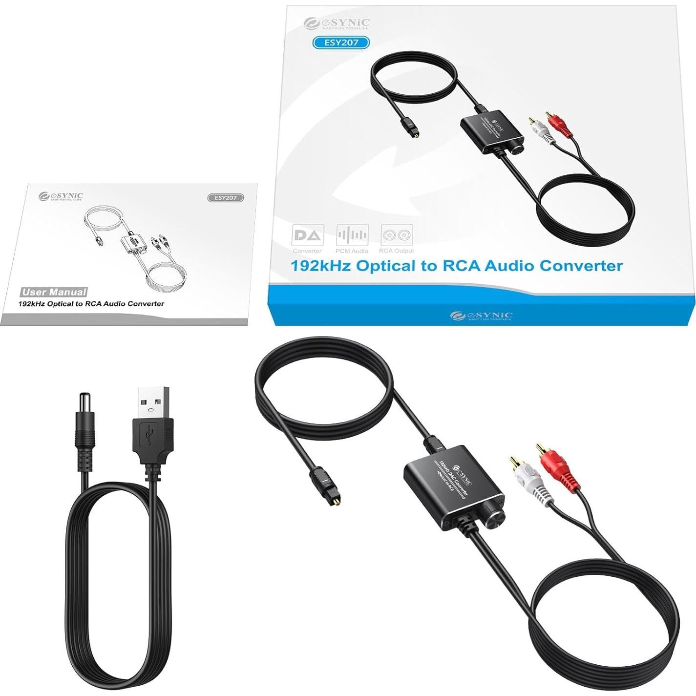 Adaptador Óptico a RCA eSynic 192kHz DAC 2.13m Portátil