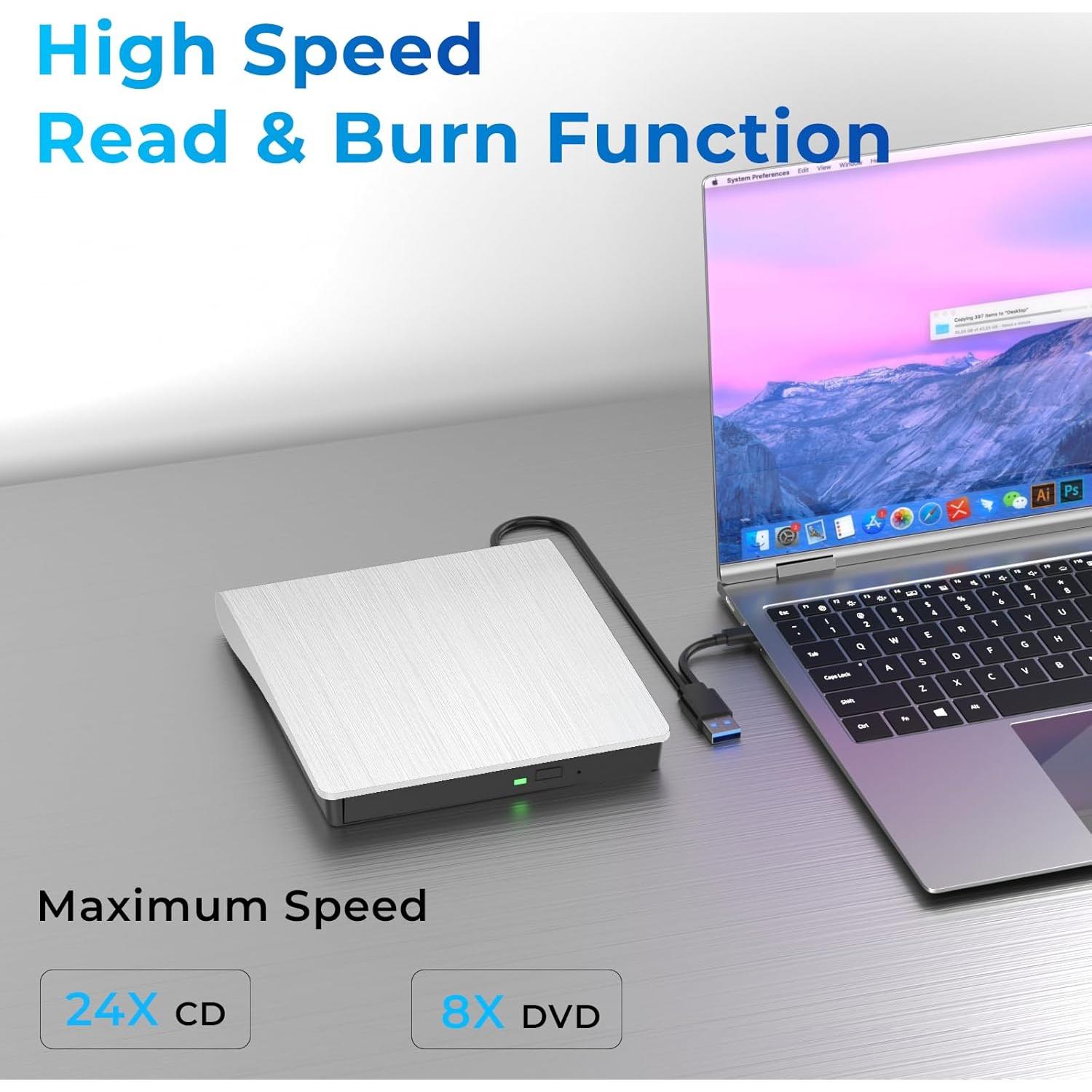 Unidad DVD Externa mthstec USB 3.0 Tipo-C Blanca 340g