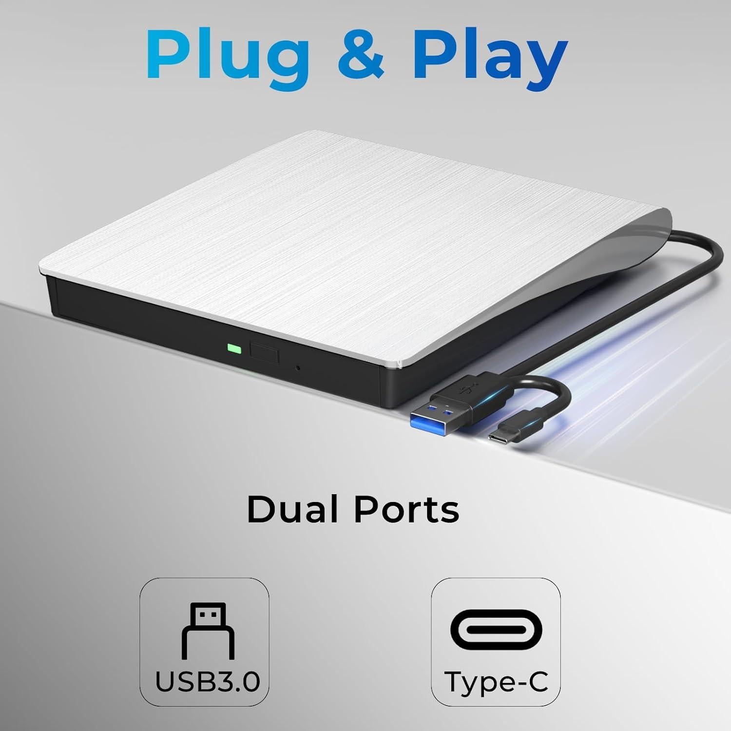 Unidad DVD Externa mthstec USB 3.0 Tipo-C Blanca 340g