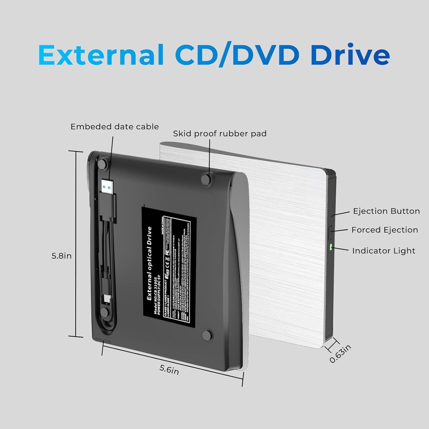 Unidad DVD Externa mthstec USB 3.0 Tipo-C Blanca 340g