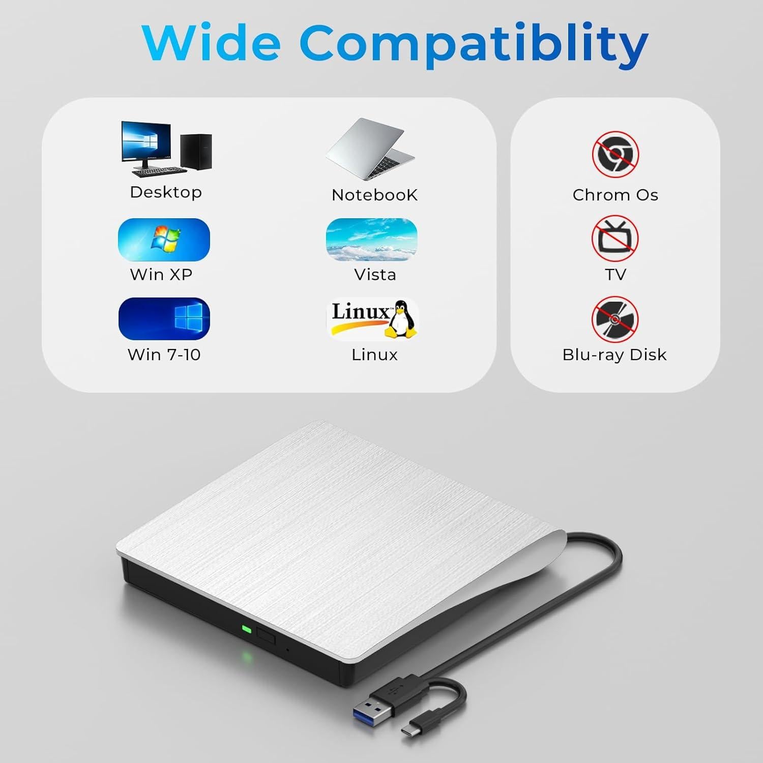 Unidad DVD Externa mthstec USB 3.0 Tipo-C Blanca 340g