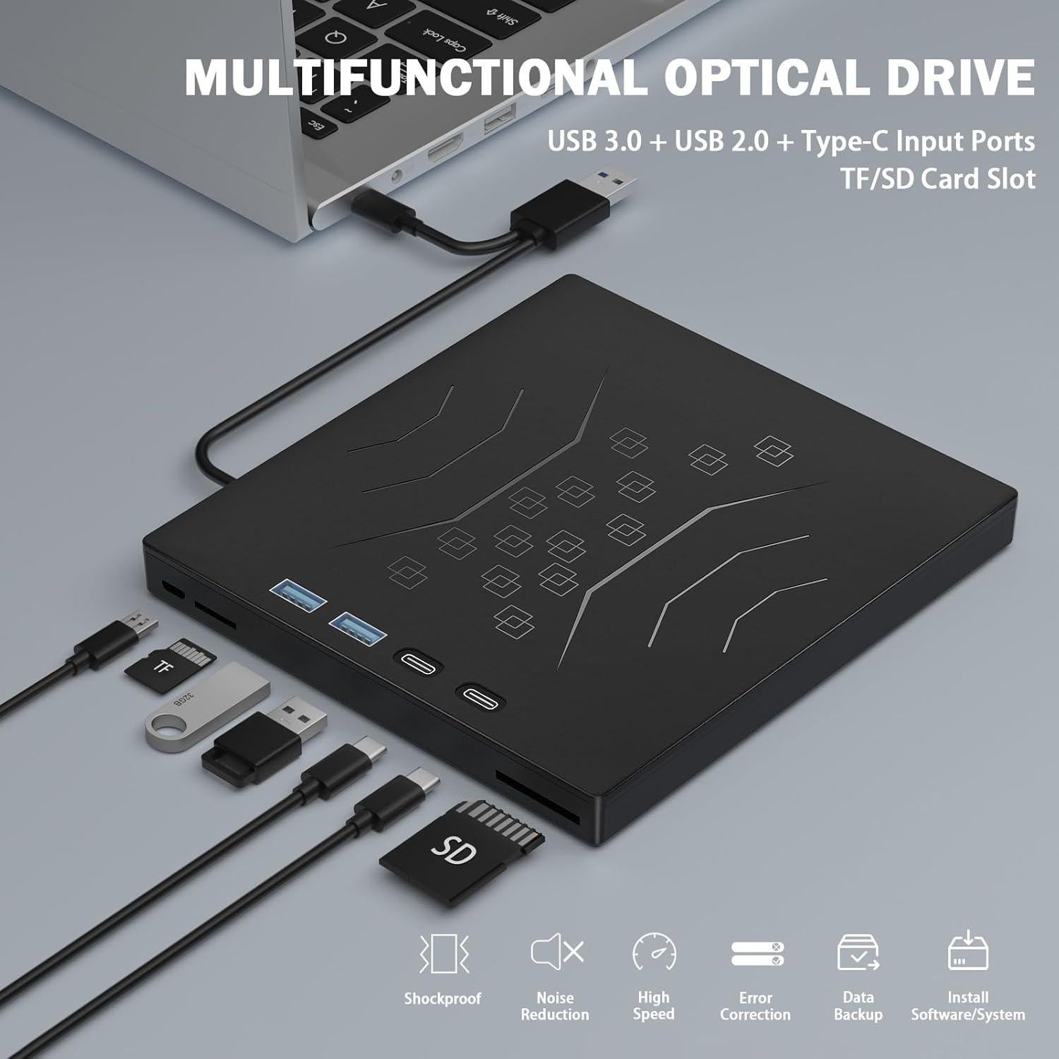 Unidad DVD Externa Wbacon 7 en 1 USB 3.0 Tipo-C Portátil