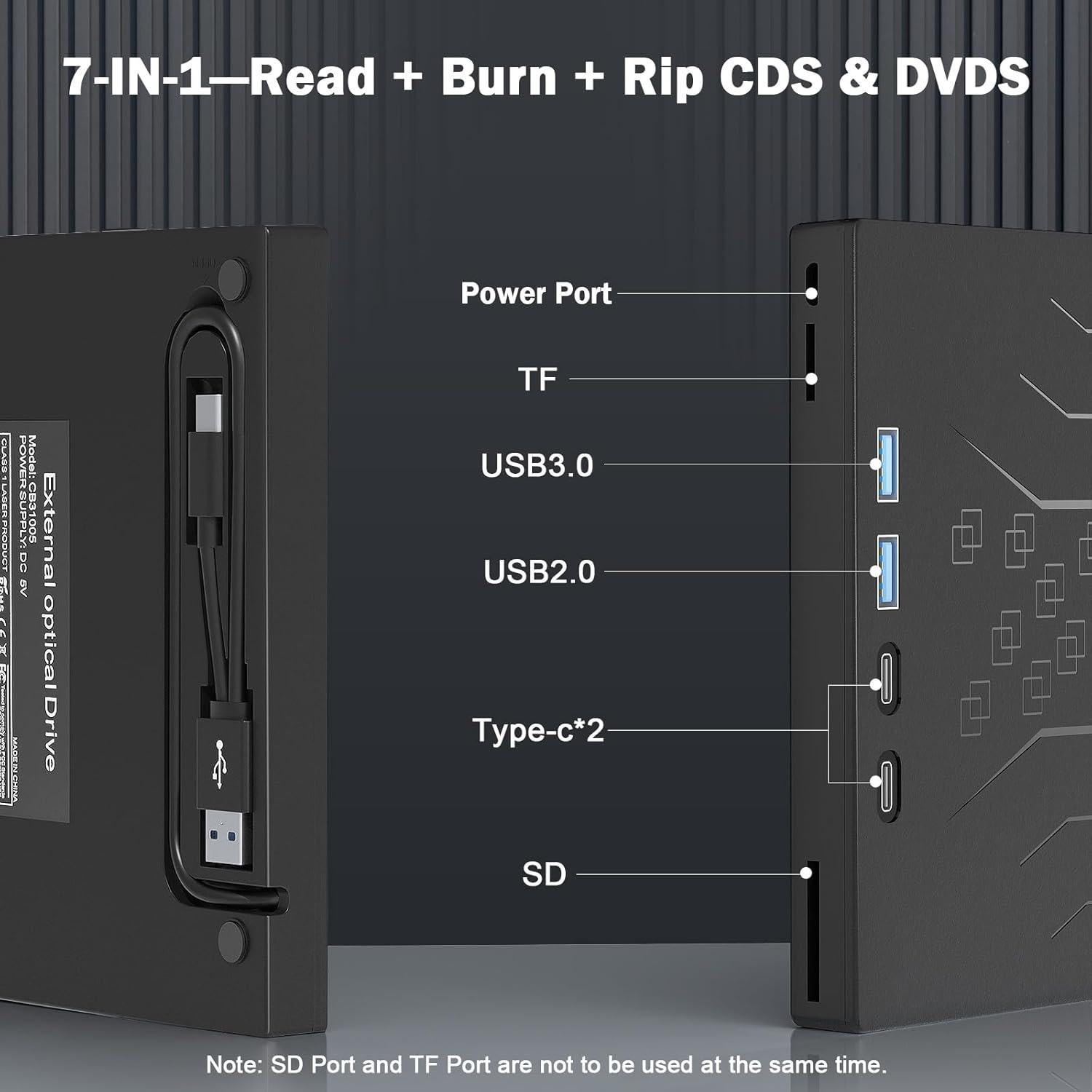 Unidad DVD Externa Wbacon 7 en 1 USB 3.0 Tipo-C Portátil