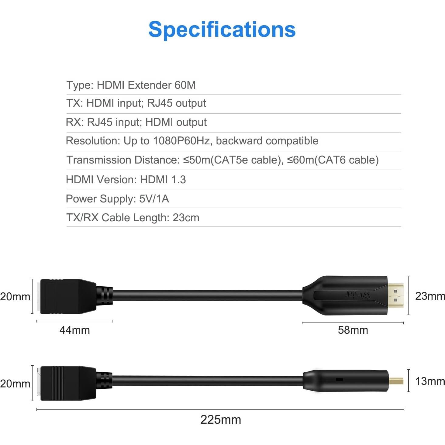 Wiistar HDMI Extender Over Cat5e/6 HDMI to RJ45 Extender Ethernet Network Converter Cable Repeater 1080P up to 60m HD MI Transmitter and Receiver for HDTV STB