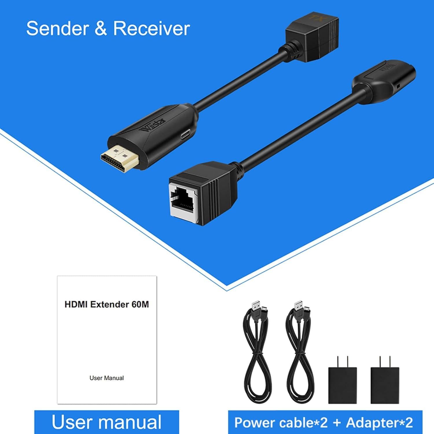 Wiistar HDMI Extender Over Cat5e/6 HDMI to RJ45 Extender Ethernet Network Converter Cable Repeater 1080P up to 60m HD MI Transmitter and Receiver for HDTV STB