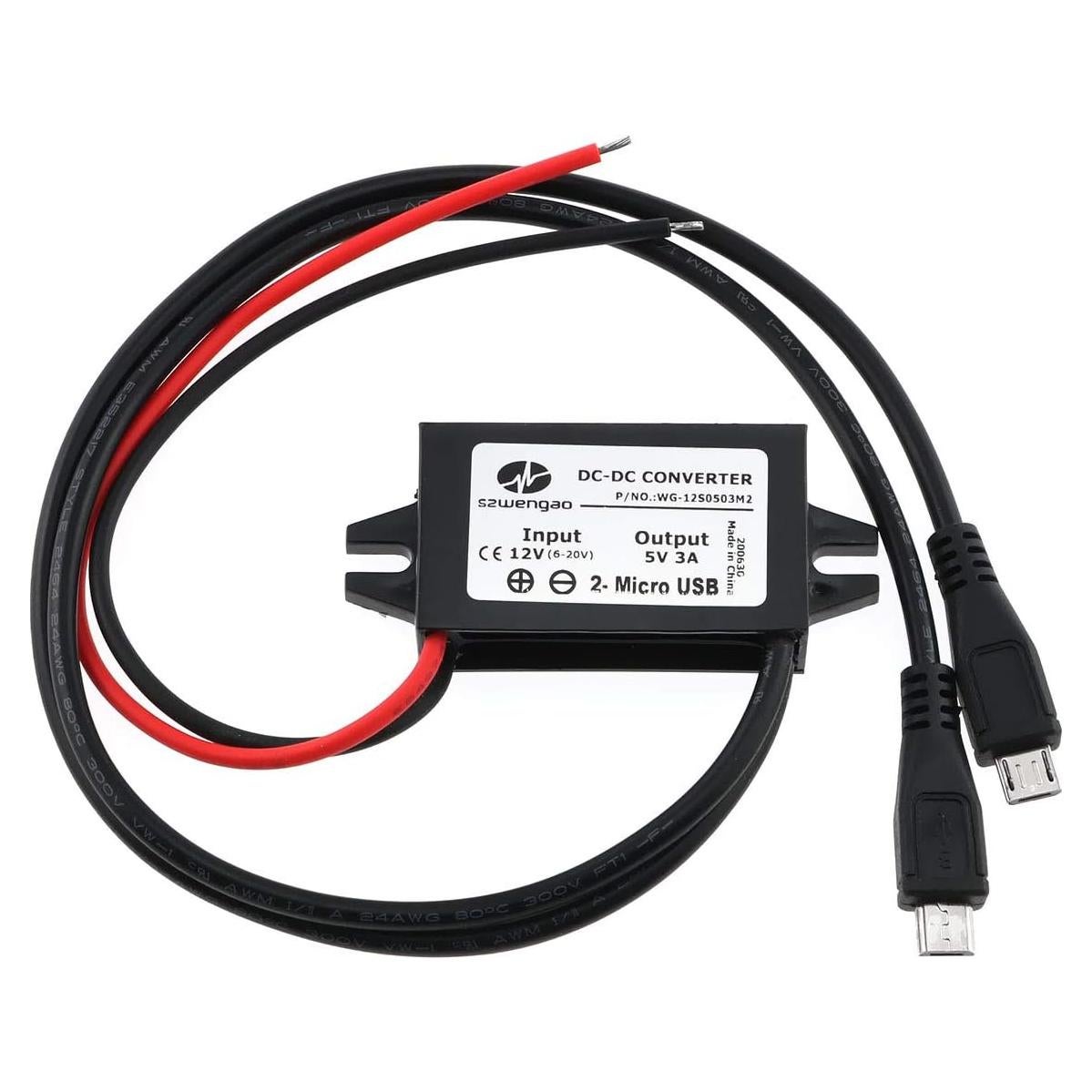 E-outstanding DC Converter Module 12V to 5V 3A Regulator Step Down Car Power Converter with Double Micro-USB Cable DC to DC Buck Converter