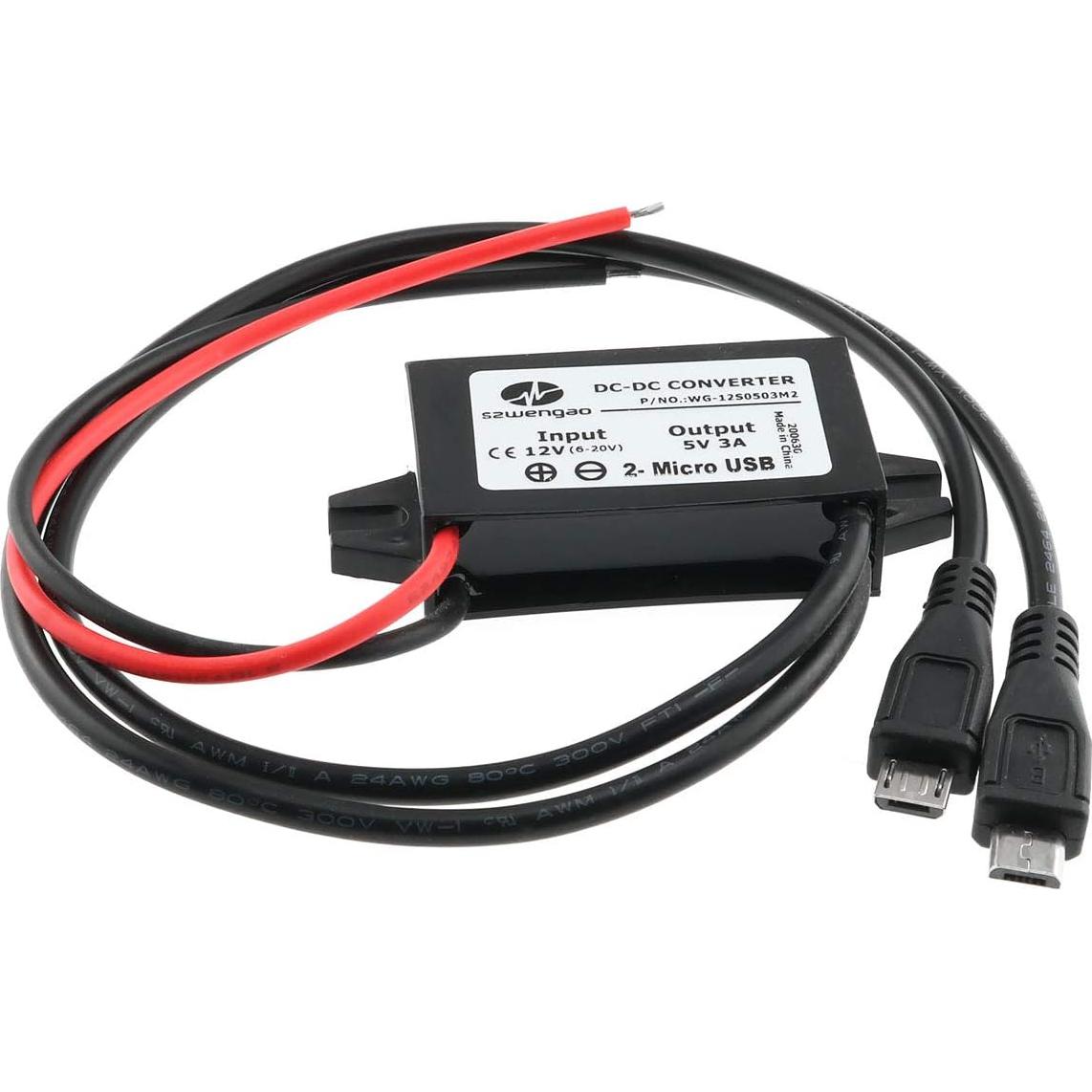 E-outstanding DC Converter Module 12V to 5V 3A Regulator Step Down Car Power Converter with Double Micro-USB Cable DC to DC Buck Converter