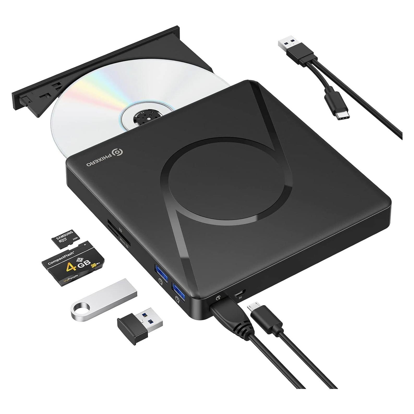 Unidad DVD Externa PHIXERO USB 3.0 con Hub USB y SD