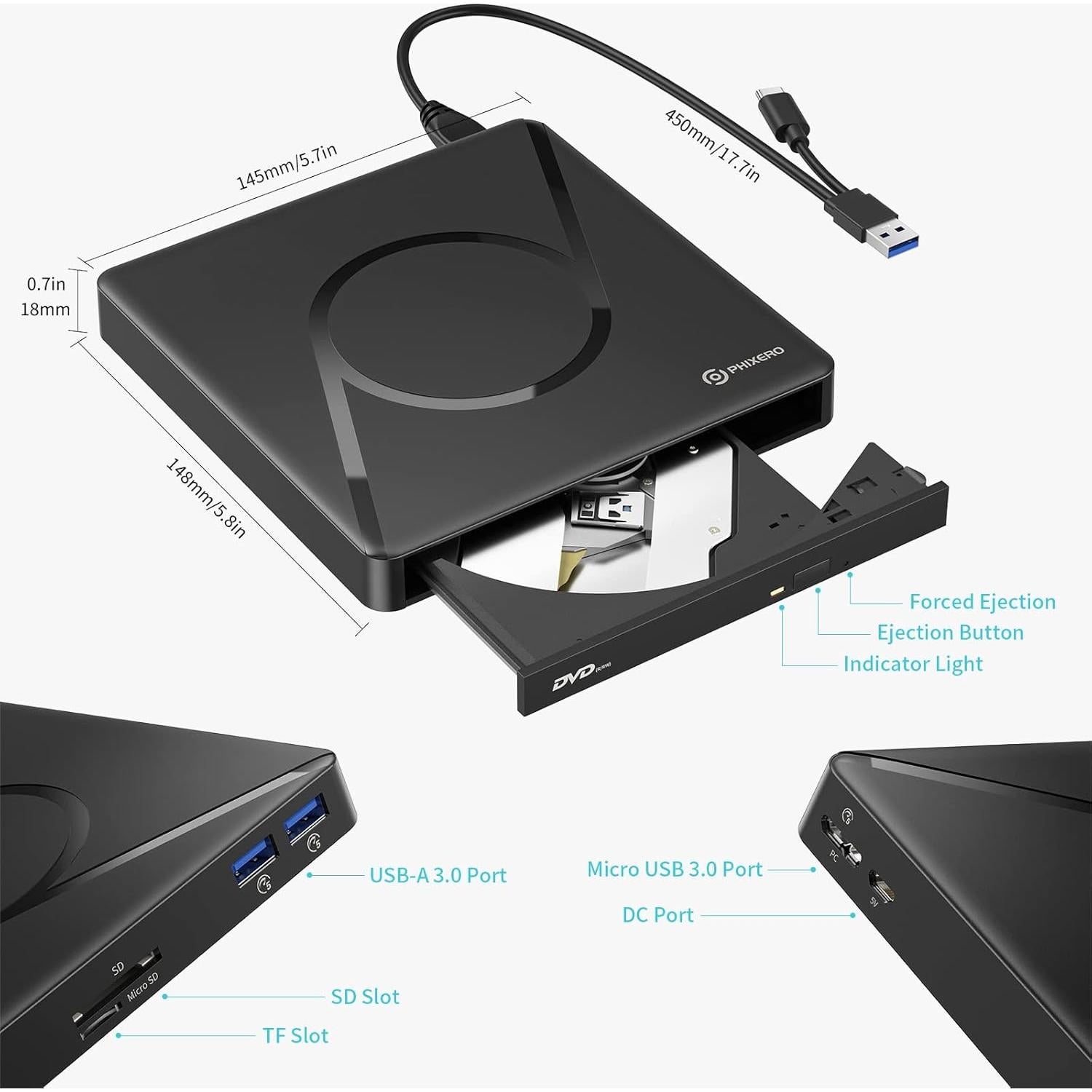 Unidad DVD Externa PHIXERO USB 3.0 con Hub USB y SD