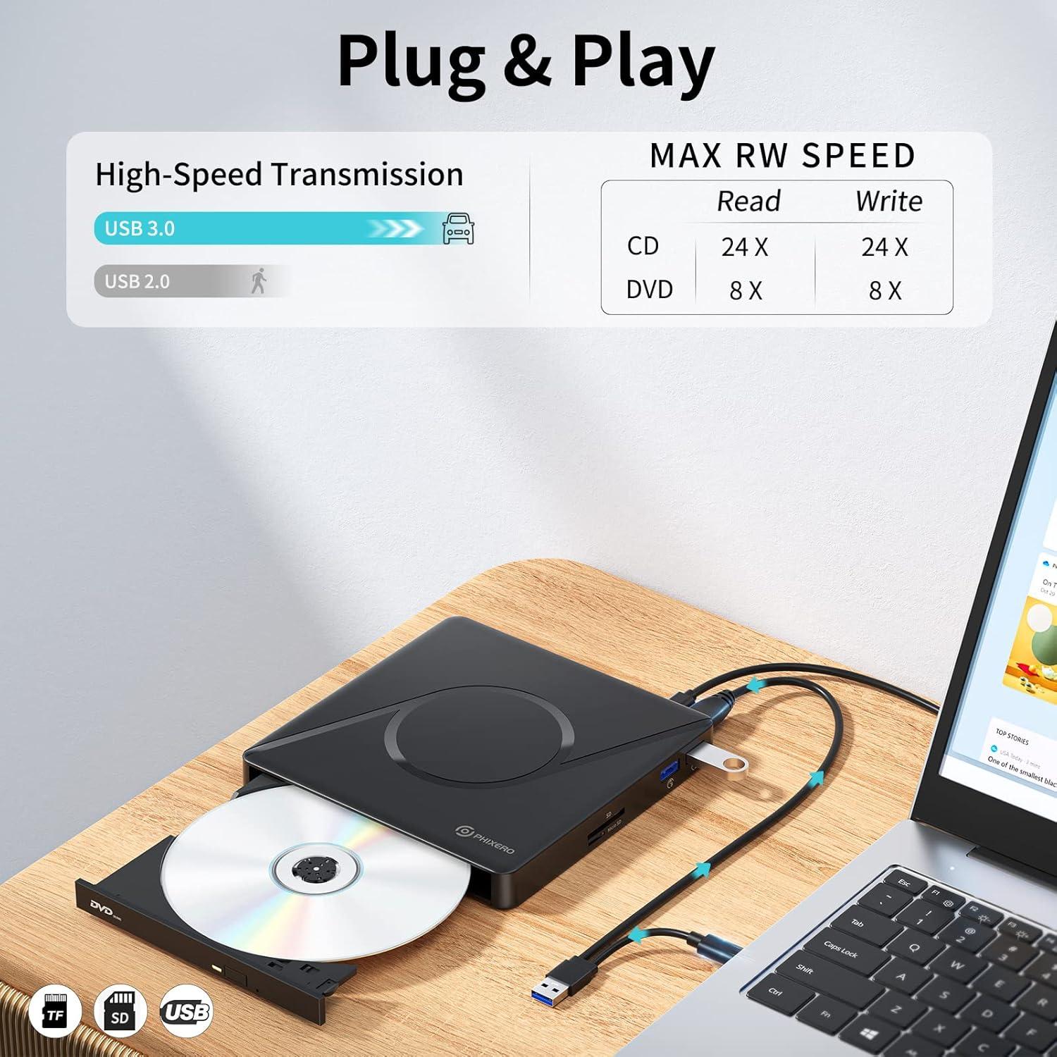 Unidad DVD Externa PHIXERO USB 3.0 con Hub USB y SD