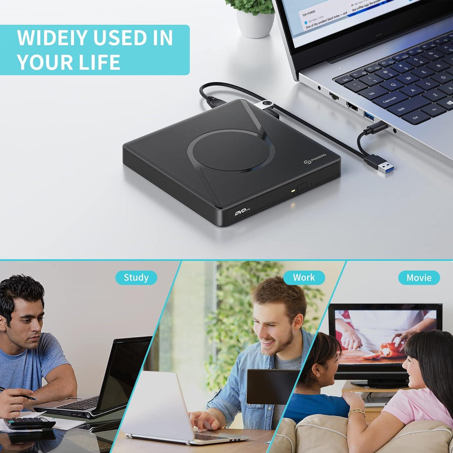 Unidad DVD Externa PHIXERO USB 3.0 con Hub USB y SD