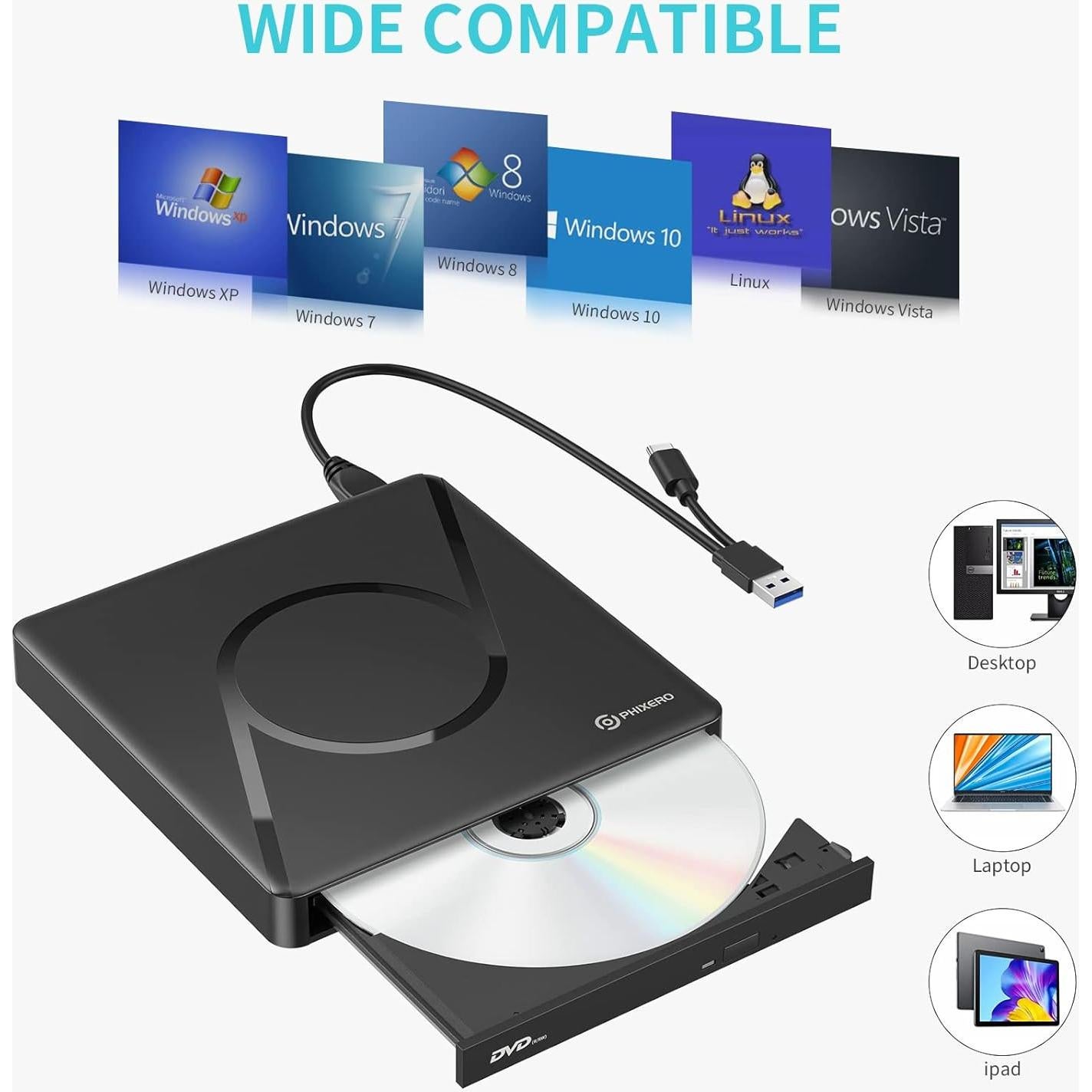 Unidad DVD Externa PHIXERO USB 3.0 con Hub USB y SD
