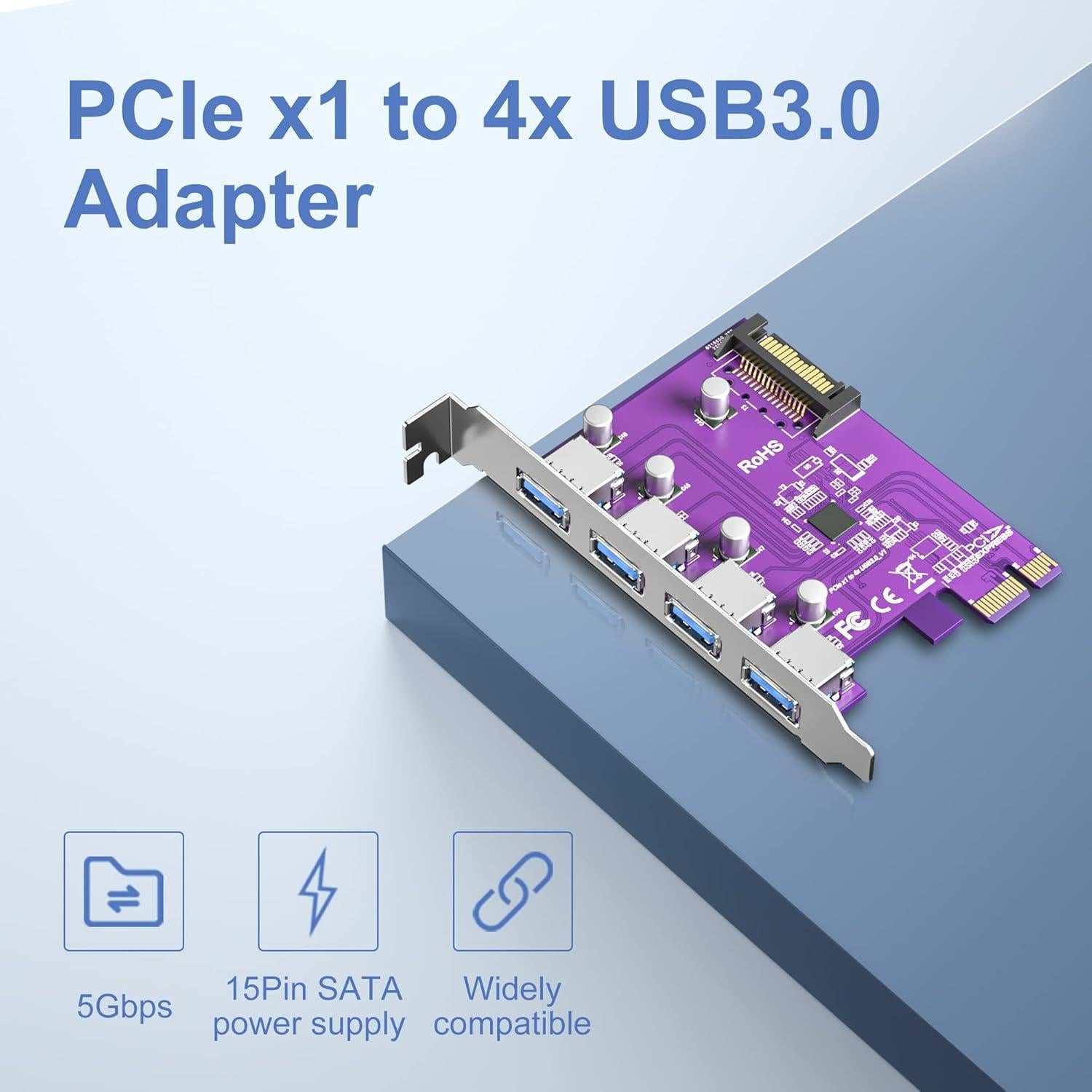 Tarjeta PCIe a 4 USB 3.0 10Gtek VL805-4B-2-US con SATA