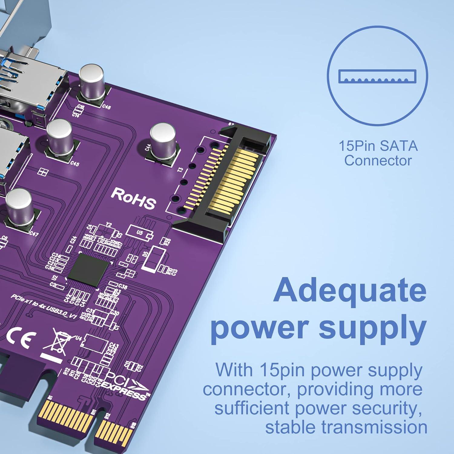 Tarjeta PCIe a 4 USB 3.0 10Gtek VL805-4B-2-US con SATA