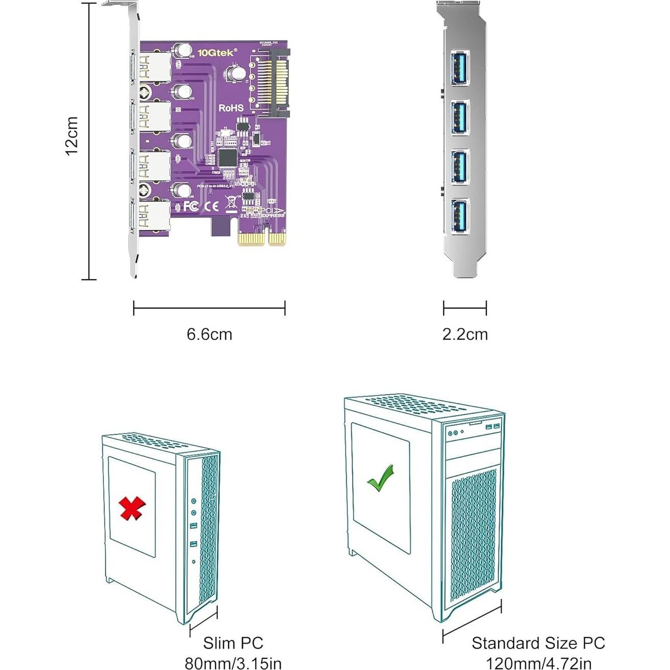 Tarjeta PCIe a 4 USB 3.0 10Gtek VL805-4B-2-US con SATA
