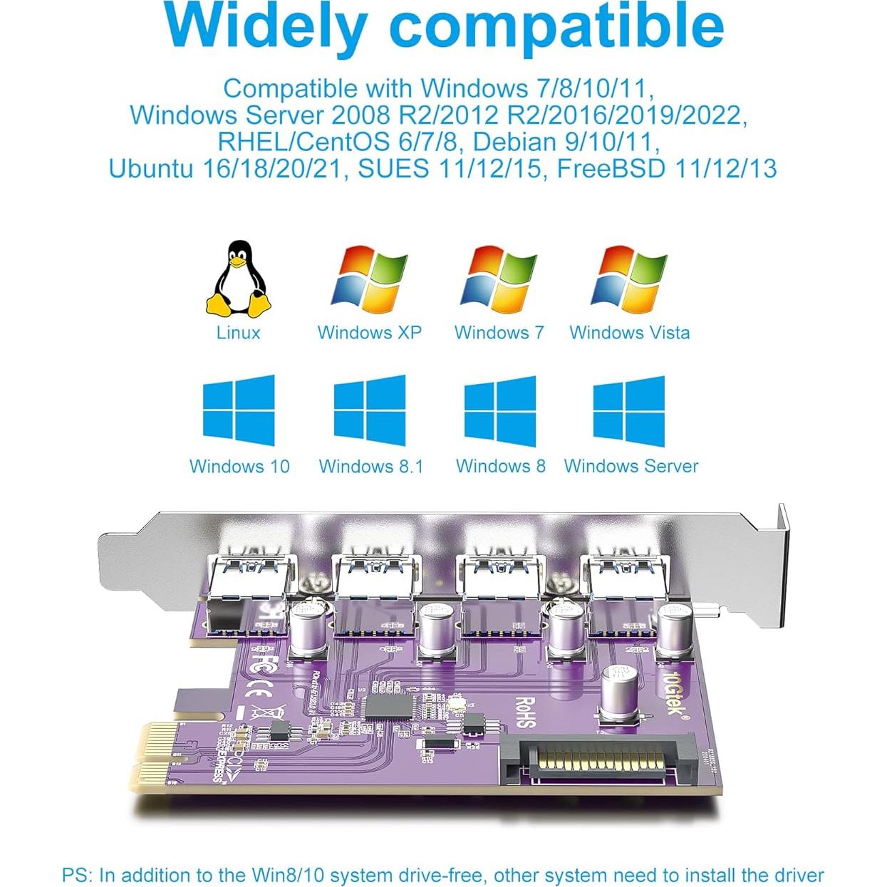 Tarjeta PCIe a 4 USB 3.0 10Gtek VL805-4B-2-US con SATA