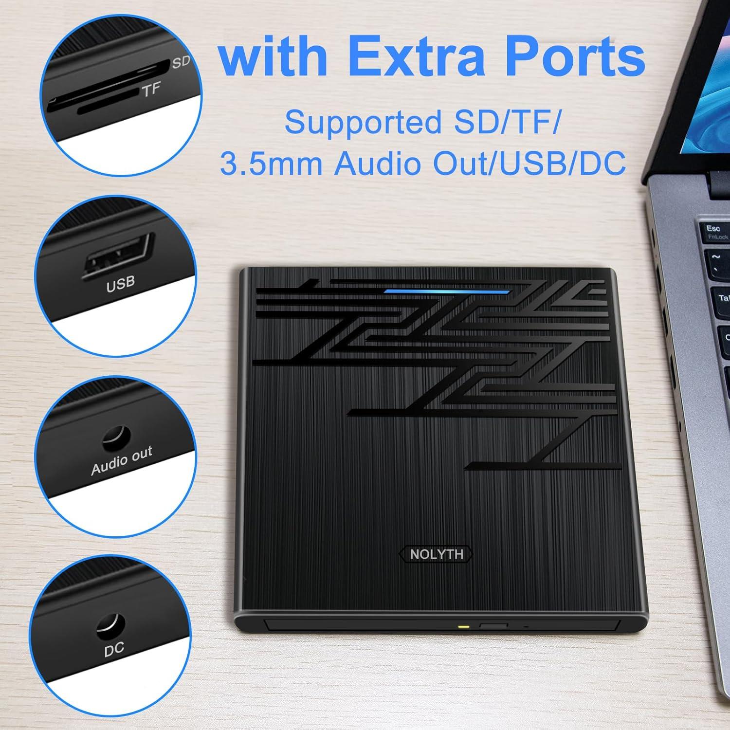 Unidad DVD Externa NOLYTH USB-C con Audio 3.5mm y Lector SD